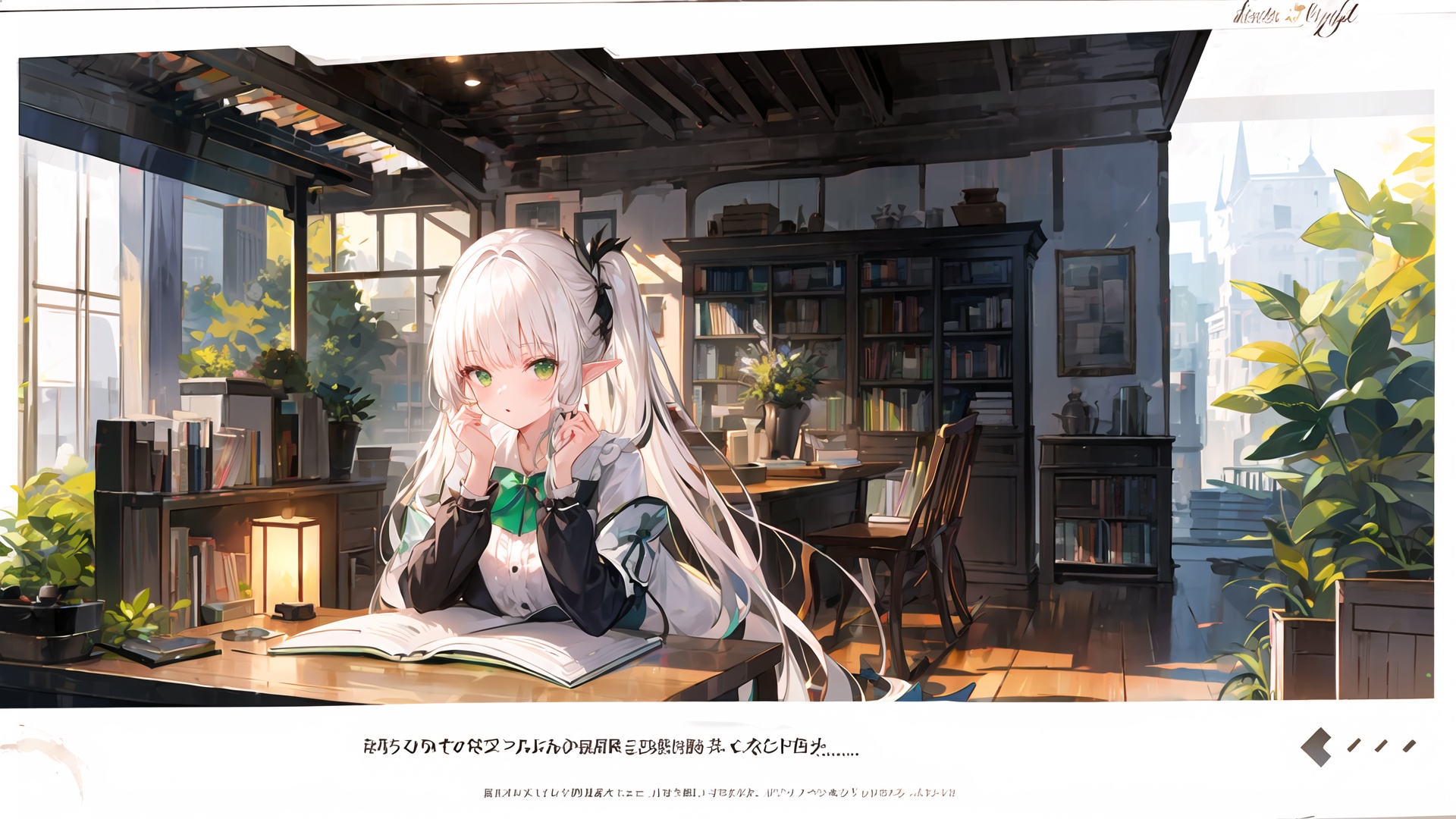  [(white background:1.4)::5], (outside border:1.4), 
elf, 1girl, solo, upper body, chibi,
green eyes, (white hair), long hair, (blunt bangs), floating hair, green gradient hair,
frilled shirt, black bowtie, long sleeves,
table, sitting behind table,
indoors, wooden wall, open window, oil lamp, shelf, bookshelf, flask, bottles, open book, feather,
autumn, sunlight,