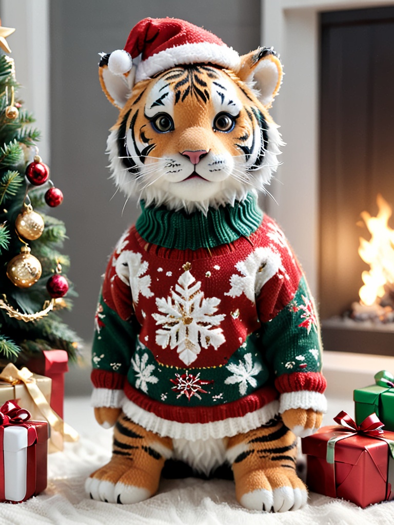 cute Christmas tiger,wearing Christmas Sweater,