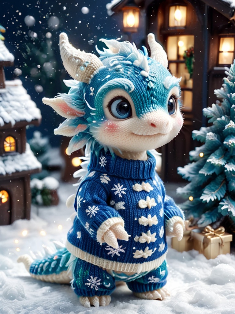 cute Christmas blue Chinese dragon,wearing Christmas Sweater,