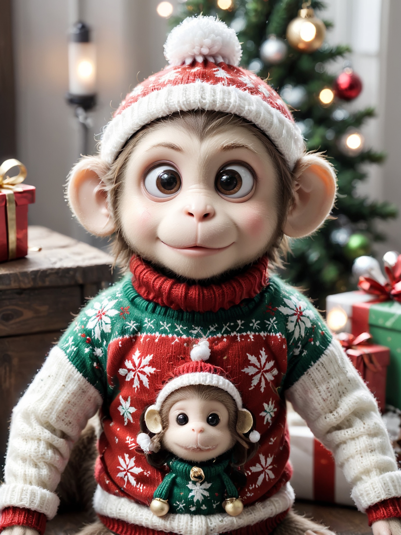 cute Christmas monkey,wearing Christmas Sweater,