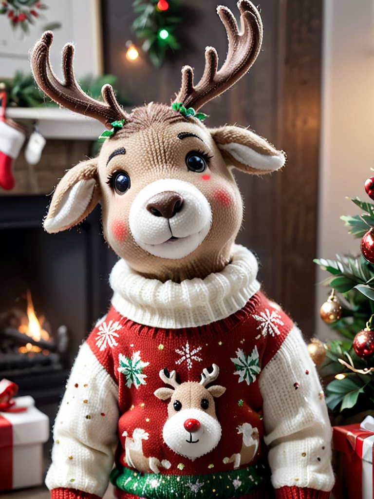 cute Christmas reindeer,wearing Christmas Sweater,