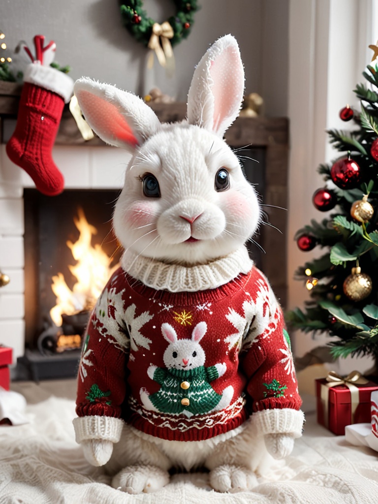 cute Christmas rabbit,wearing Christmas Sweater,
