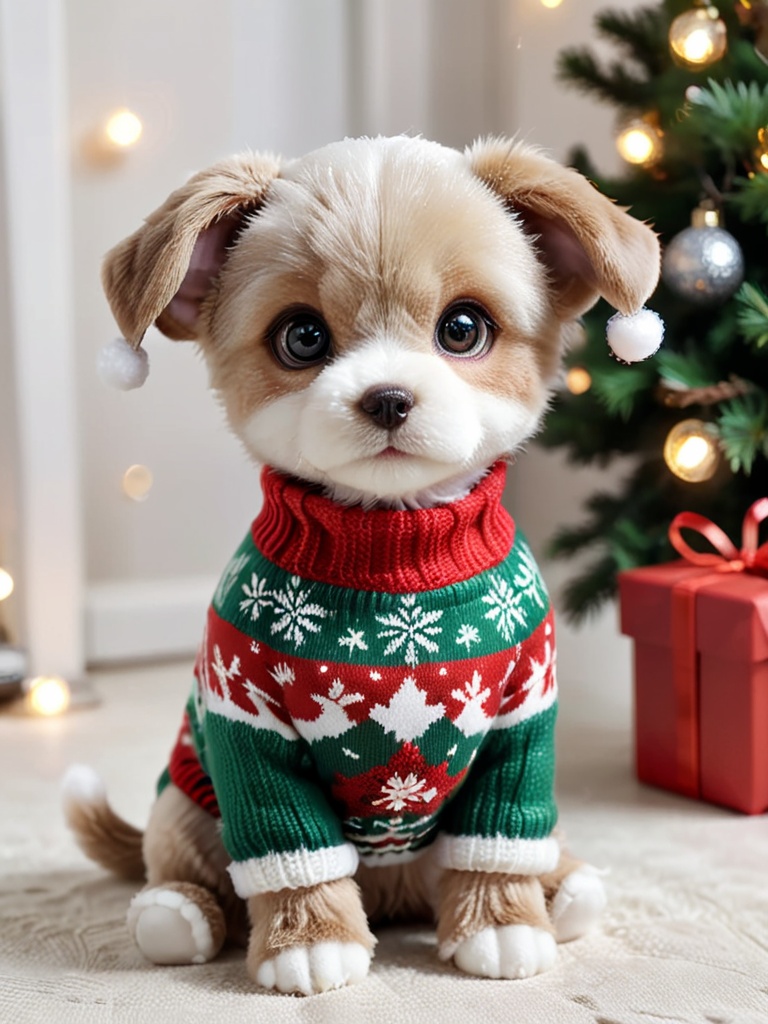 cute Christmas dog,wearing Christmas Sweater,(Maoleng doll dog:1.2)