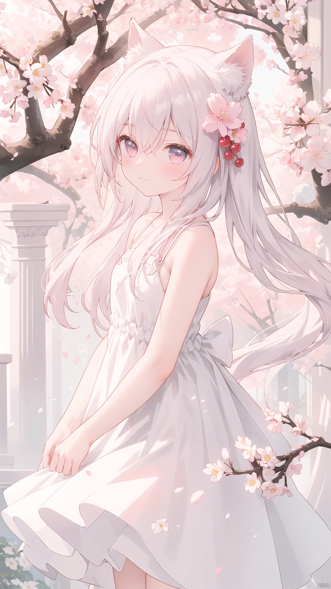  The image features a beautiful anime girl dressed in a flowing white and red dress, standing amidst a flurry of red cherry blossoms. The contrast between her white dress and the red flowers creates a striking visual effect. The lighting in the image is well-balanced, casting a warm glow on the girl and the surrounding flowers. The colors are vibrant and vivid, with the red cherry blossoms standing out against the white sky. The overall style of the image is dreamy and romantic, perfect for a piece of anime artwork. The quality of the image is excellent, with clear details and sharp focus. The girl's dress and the flowers are well-defined, and the background is evenly lit, without any harsh shadows or glare. From a technical standpoint, the image is well-composed, with the girl standing in the center of the frame, surrounded by the blossoms. The use of negative space in the background helps to draw the viewer's attention to the girl and the flowers. The cherry blossoms, often associated with transience and beauty, further reinforce this theme. The girl, lost in her thoughts, seems to be contemplating the fleeting nature of beauty and the passage of time. Overall, this is an impressive image that showcases the photographer's skill in capturing the essence of a scene, as well as their ability to create a compelling narrative through their art.catgirl,loli