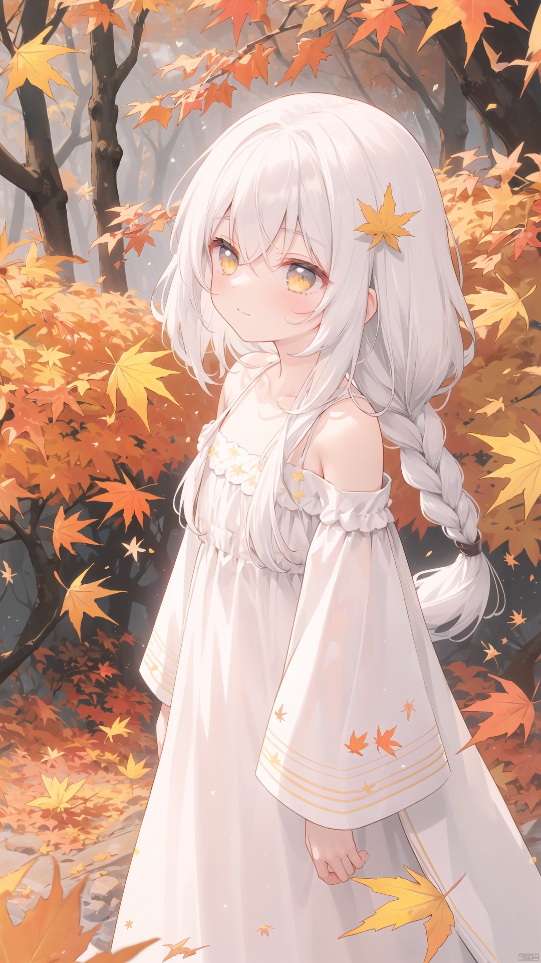  wallpaper,colorful,Tyndall effect,(autumn maple forest:1.3),(very few fallen leaves),(path),stars,flower sea,starry sky,flowers meadows,Dreamy forest,strong rim light, 1girl, bare shoulders, white hair, blinking, white dress, closed mouth, constel lation, yellow eyes, flat color, braid, blinking, white robe, float, closed mouth, constel lation, flat color, looking up, standing, medium hair, standing, solo, 