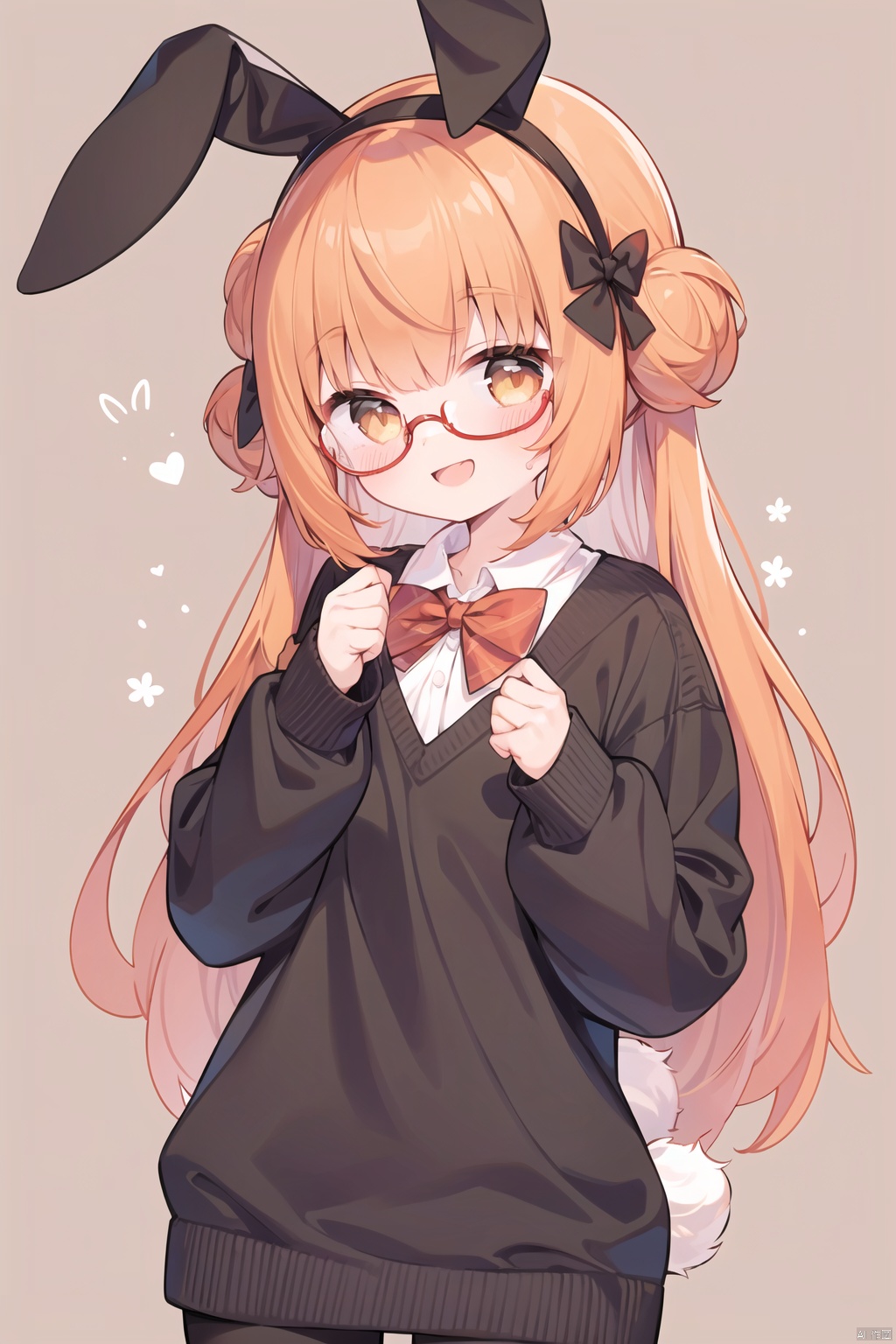  1girl, animal_ears, black-framed_eyewear, bow, brown_background, fake_animal_ears, glasses, long_hair, looking_at_viewer, open_mouth, orange_hair, rabbit_ears, rabbit_tail, sakura_futaba, smile, solo, tail