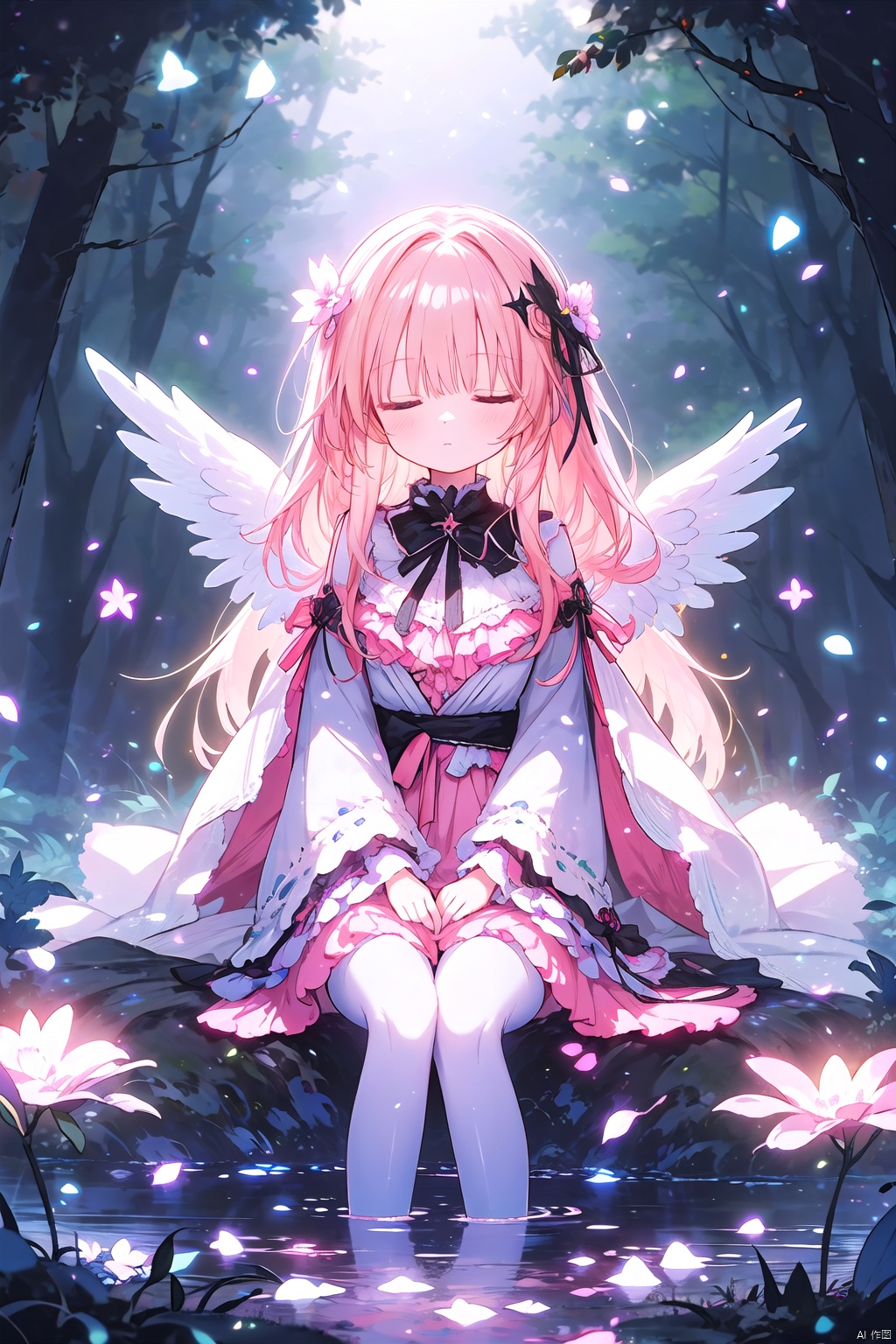 1girl, (loli), colorful longhair, frilled skinny pink robe, small breast, in the night, crescent, black tiny angel wings, soft smile, sleeping forest, fantasy view, fountain, eerie moods, glitch, luminous, illusion effect, dof, powder light