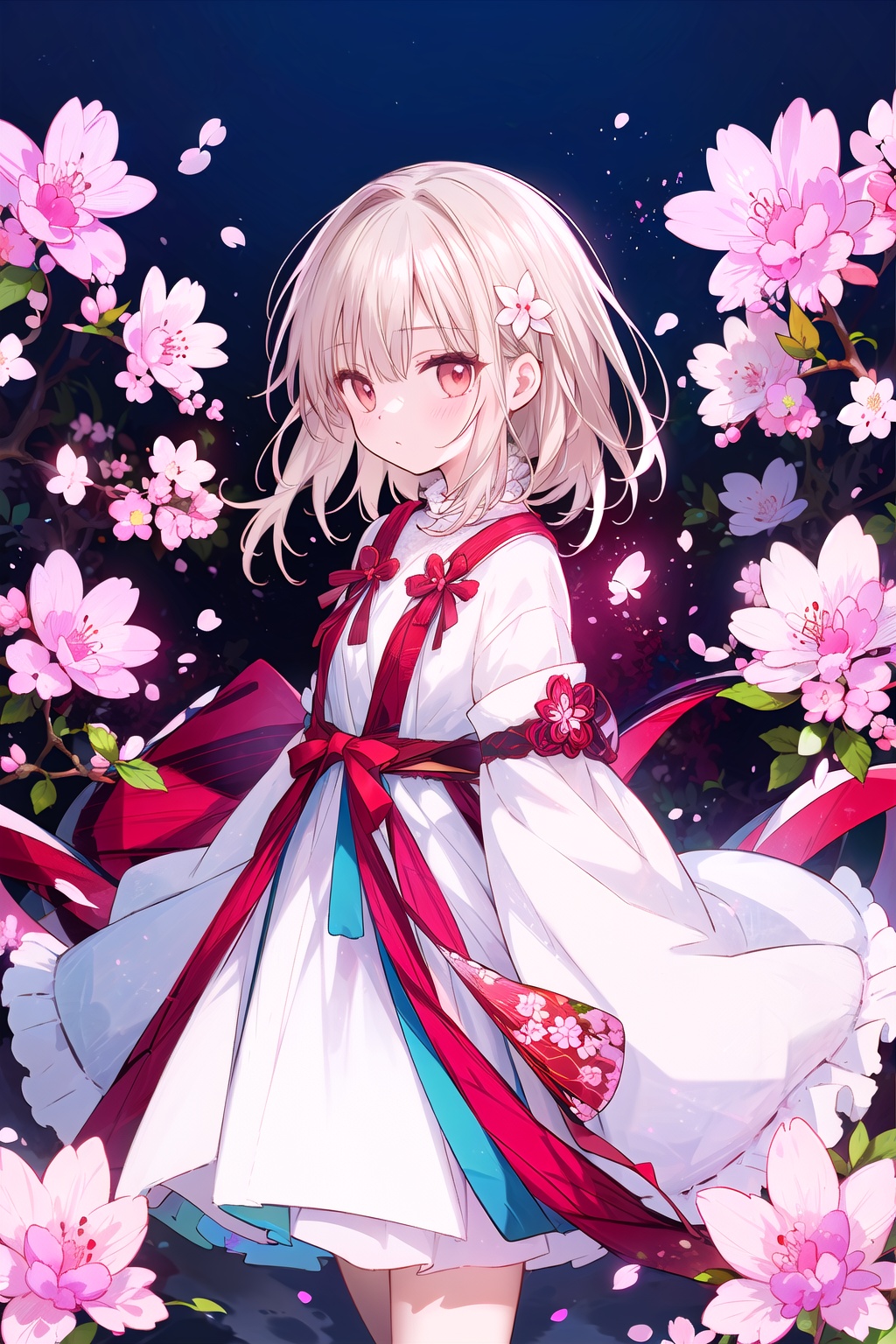  The image features a beautiful anime girl dressed in a flowing white and red dress,standing amidst a flurry of red cherry blossoms. The contrast between her white dress and the red flowers creates a striking visual effect. The lighting in the image is well-balanced,casting a warm glow on the girl and the surrounding flowers. The colors are vibrant and vivid,with the red cherry blossoms standing out against the white sky. The overall style of the image is dreamy and romantic,perfect for a piece of anime artwork. The quality of the image is excellent,with clear details and sharp focus. The girl's dress and the flowers are well-defined,and the background is evenly lit,without any harsh shadows or glare. From a technical standpoint,the image is well-composed,with the girl standing in the center of the frame,surrounded by the blossoms. The use of negative space in the background helps to draw the viewer's attention to the girl and the flowers. The cherry blossoms,often associated with transience and beauty,further reinforce this theme. The girl,lost in her thoughts,seems to be contemplating the fleeting nature of beauty and the passage of time. Overall,this is an impressive image that showcases the photographer's skill in capturing the essence of a scene,as well as their ability to create a compelling narrative through their art,loli,