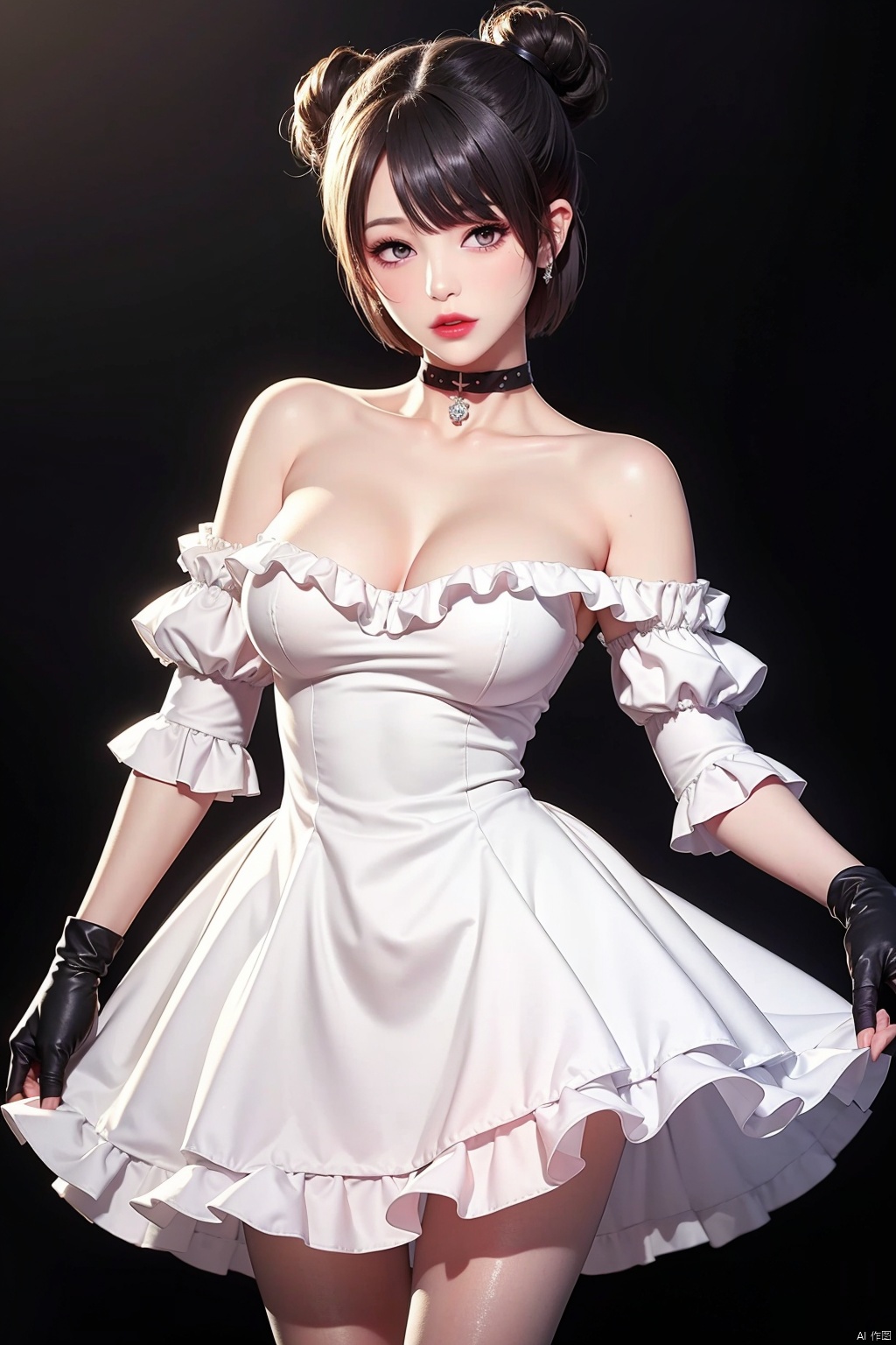 masterpiece,(the best:1.1),wallpaper,8K,absurdres,a high-resolution,superdetailing,
high detail skin,beauty face,PERFECT FACE,white and shiny skin,detailed skin,
mid_shot,Volumetric Lighting,simple background,grey background,
solo,medium breasts,open your legs,perfect proportion,
1girl,keqing (genshin impact),solo,pantyhose,black background,simple background,purple eyes,dress,looking at viewer,black pantyhose,frills,detached sleeves,bangs,jewelry,breasts,black gloves,earrings,hand on own chest,choker,closed mouth,flower,bare shoulders,double bun,frilled sleeves,frilled dress,standing ,,pink short hair,