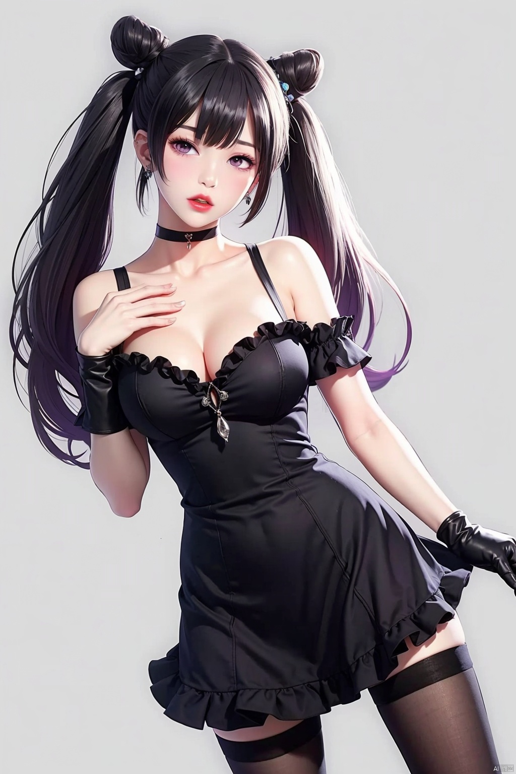 masterpiece,(the best:1.1),wallpaper,8K,absurdres,a high-resolution,superdetailing,
high detail skin,beauty face,PERFECT FACE,white and shiny skin,detailed skin,
mid_shot,Volumetric Lighting,simple background,grey background,
solo,medium breasts,open your legs,perfect proportion,
1girl,keqing (genshin impact),solo,gloves,purple hair,pantyhose,black background,hair bun,twintails,long hair,simple background,cone hair bun,hair ornament,purple eyes,dress,looking at viewer,black pantyhose,frills,detached sleeves,bangs,jewelry,breasts,black gloves,earrings,hand on own chest,choker,closed mouth,flower,bare shoulders,double bun,frilled sleeves,frilled dress,standing