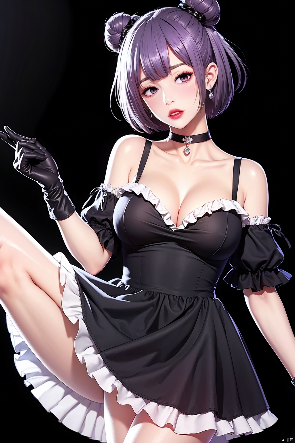 masterpiece,(the best:1.1),wallpaper,8K,absurdres,a high-resolution,superdetailing,
high detail skin,beauty face,PERFECT FACE,white and shiny skin,detailed skin,
mid_shot,Volumetric Lighting,simple background,grey background,
solo,medium breasts,open your legs,perfect proportion,
1girl,keqing (genshin impact),solo,gloves,purple hair,pantyhose,black background,simple background,cone hair bun,hair ornament,purple eyes,dress,looking at viewer,black pantyhose,frills,detached sleeves,bangs,jewelry,breasts,black gloves,earrings,hand on own chest,choker,closed mouth,flower,bare shoulders,double bun,frilled sleeves,frilled dress,standing ,,pink short hair,