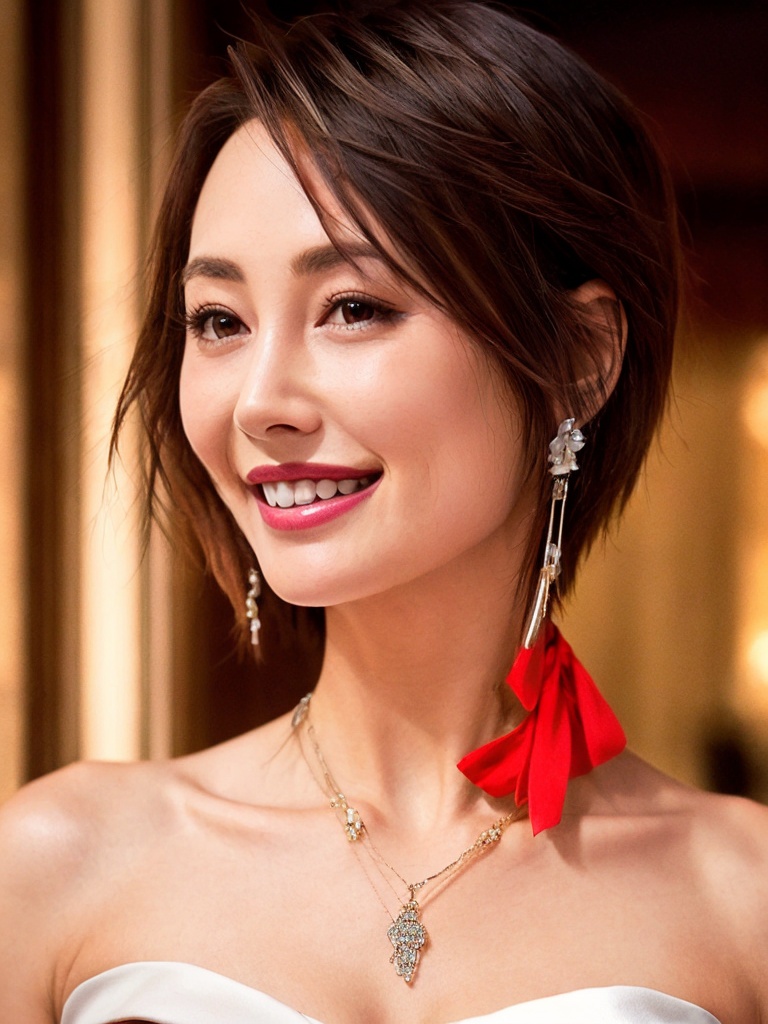 1girl, jewelry, black hair, necklace, solo, brown eyes, smile, realistic, looking at viewer, dress, short hair, hair ornament, bare shoulders, lips, strapless, grin, upper body