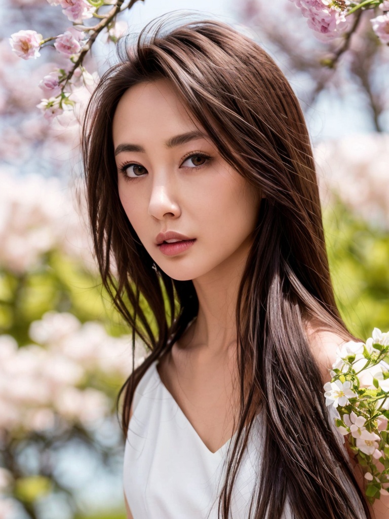 1girl, solo, realistic, dress, long hair, brown hair, brown eyes, looking at viewer, flower, white dress, outdoors, sleeveless, branch, tree, black hair, parted lips, photo background, lips, blurry