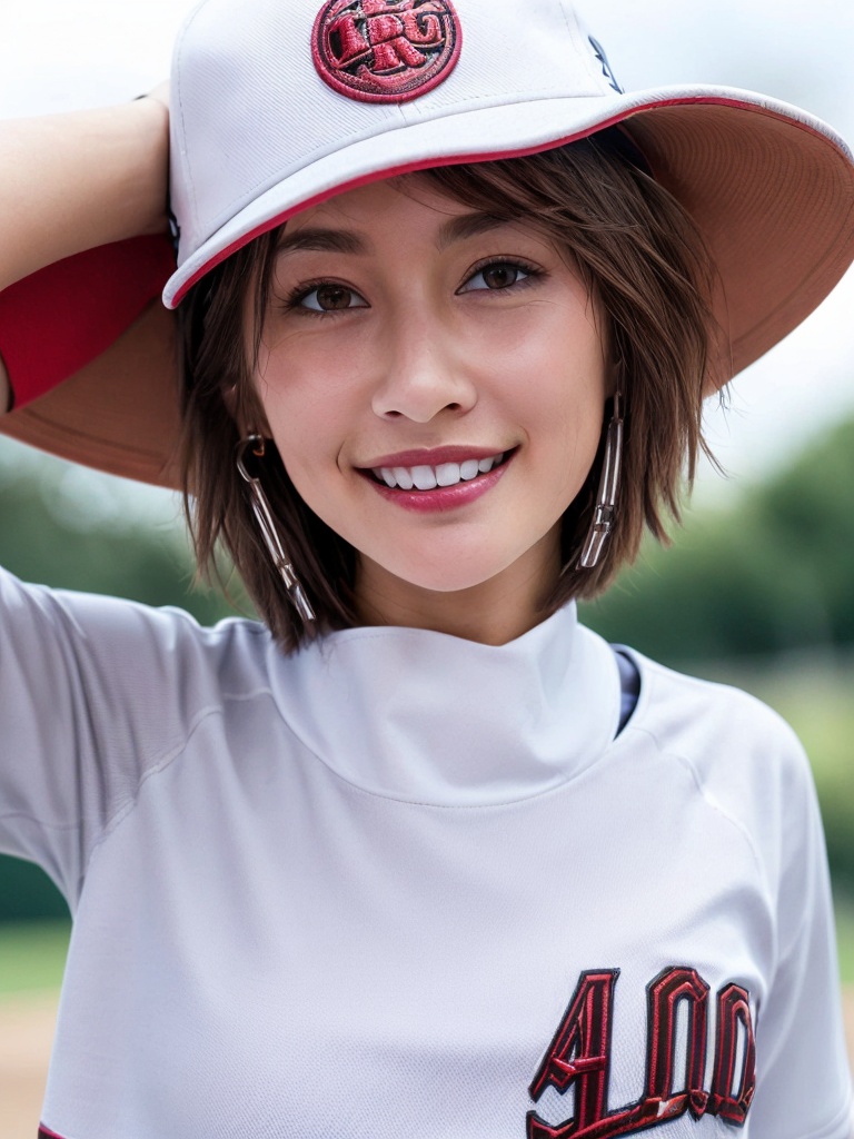 1girl, ring, jewelry, hat, v, smile, solo, looking at viewer, baseball cap, blurry, blurry background, brown hair, brown eyes, upper body, outdoors, short hair, realistic