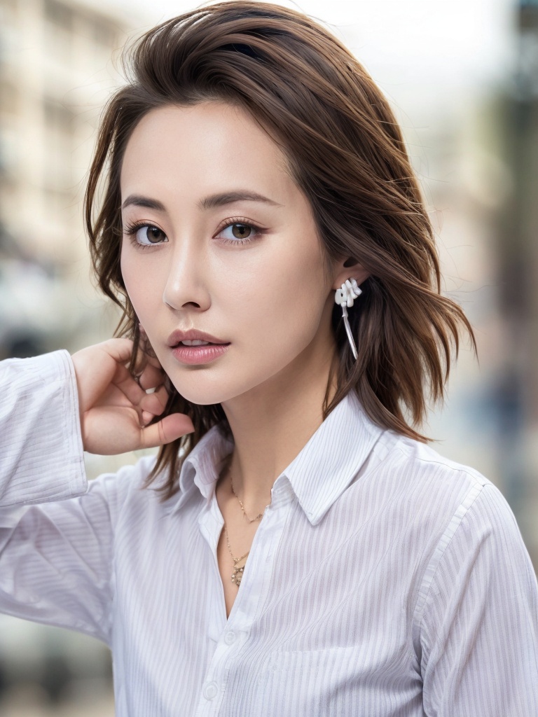 1girl, solo, jewelry, earrings, shirt, brown hair, white shirt, brown eyes, striped, looking at viewer, long sleeves, lips, realistic, sleeves past wrists, striped shirt