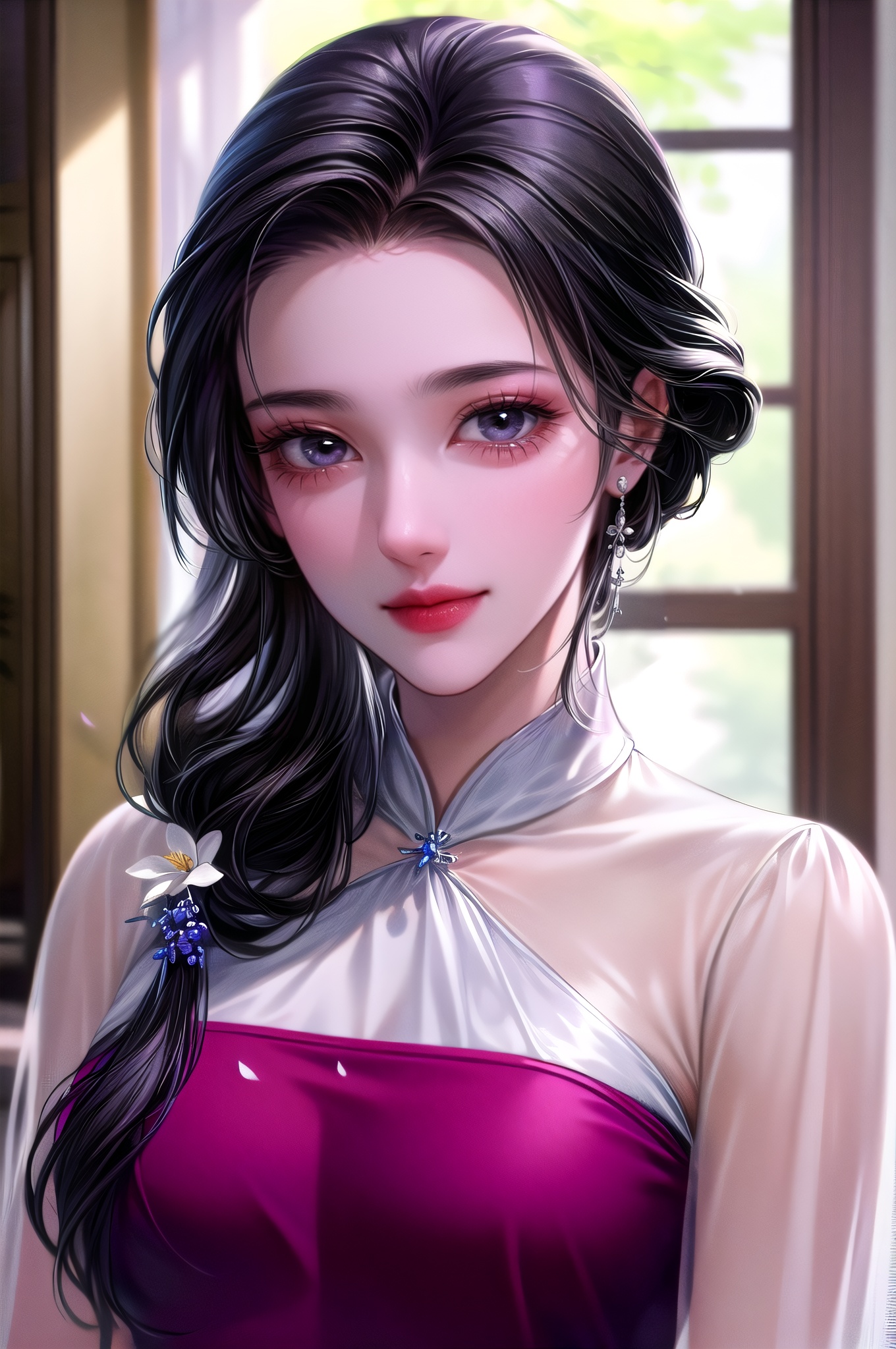 yuanshen, 1girl, solo, long hair, black hair, flower, smile, low-tied long hair, petals, looking at viewer, hand in own hair,(upper body:1.5),nice hands,Beautiful long legs, Beautiful body, Beautiful character design,perfect balance, looking at viewer, closed mouth,  (Light_Smile:0.3), official art, extremely detailed CG unity 8k wallpaper, perfect lighting, Colorful,  White skin, (masterpiece:1), (best_quality:1), ultra high res, 4K, ultra-detailed, photography, 8K, HDR, highres, absurdres:1.2, Kodak portra 400, film grain, blurry background, bokeh:1.2, lens flare, (vibrant_color:1.2), professional photograph, (beautiful_face:1.5), (narrow_waist), dark studio