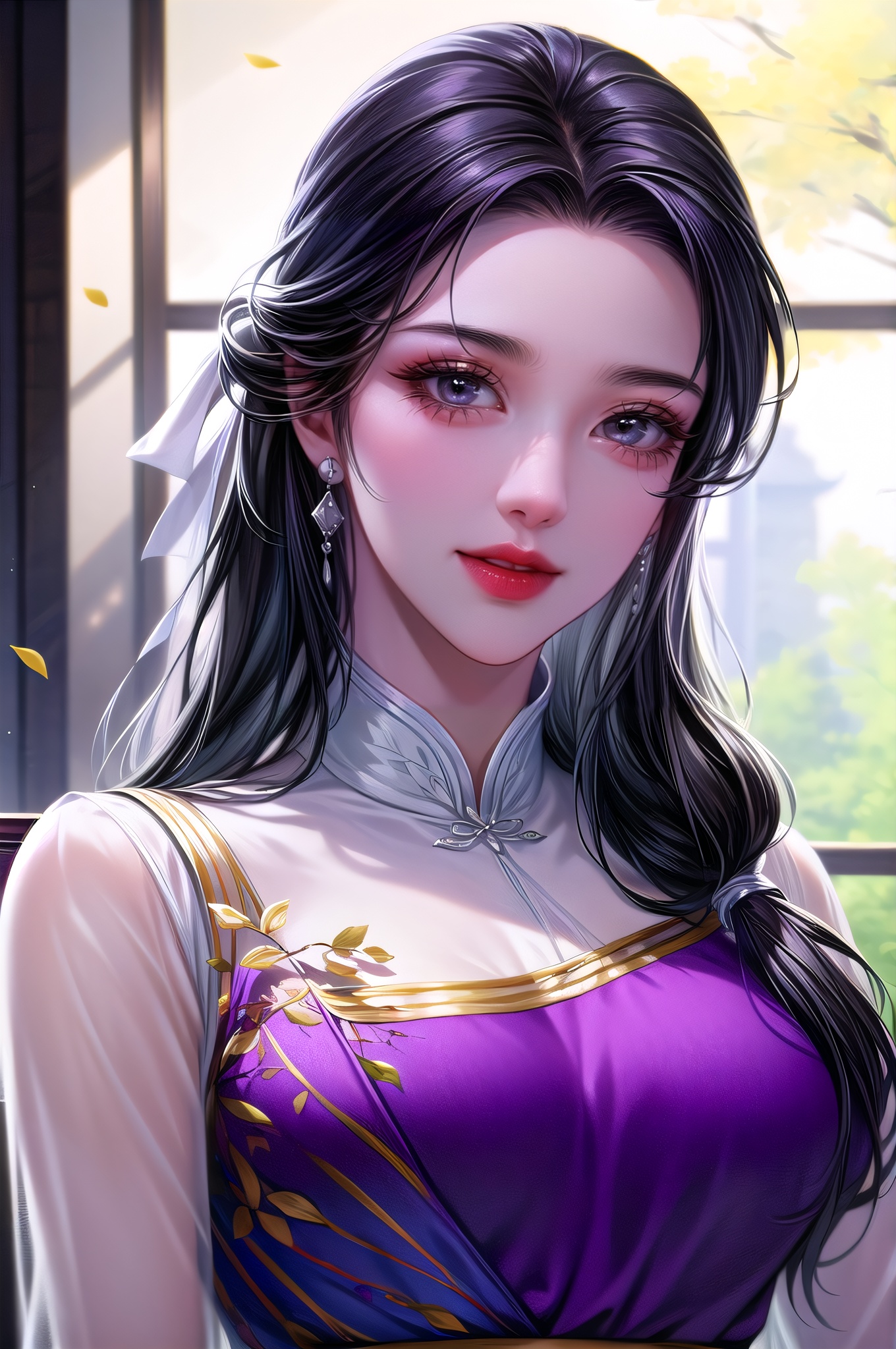 yuanshen, 1girl, solo, long hair, black hair, flower, smile, low-tied long hair, petals, looking at viewer, hand in own hair,(upper body:1.5),nice hands,Beautiful long legs, Beautiful body, Beautiful character design,perfect balance, looking at viewer, closed mouth,  (Light_Smile:0.3), official art, extremely detailed CG unity 8k wallpaper, perfect lighting, Colorful,  White skin, (masterpiece:1), (best_quality:1), ultra high res, 4K, ultra-detailed, photography, 8K, HDR, highres, absurdres:1.2, Kodak portra 400, film grain, blurry background, bokeh:1.2, lens flare, (vibrant_color:1.2), professional photograph, (beautiful_face:1.5), (narrow_waist), dark studio