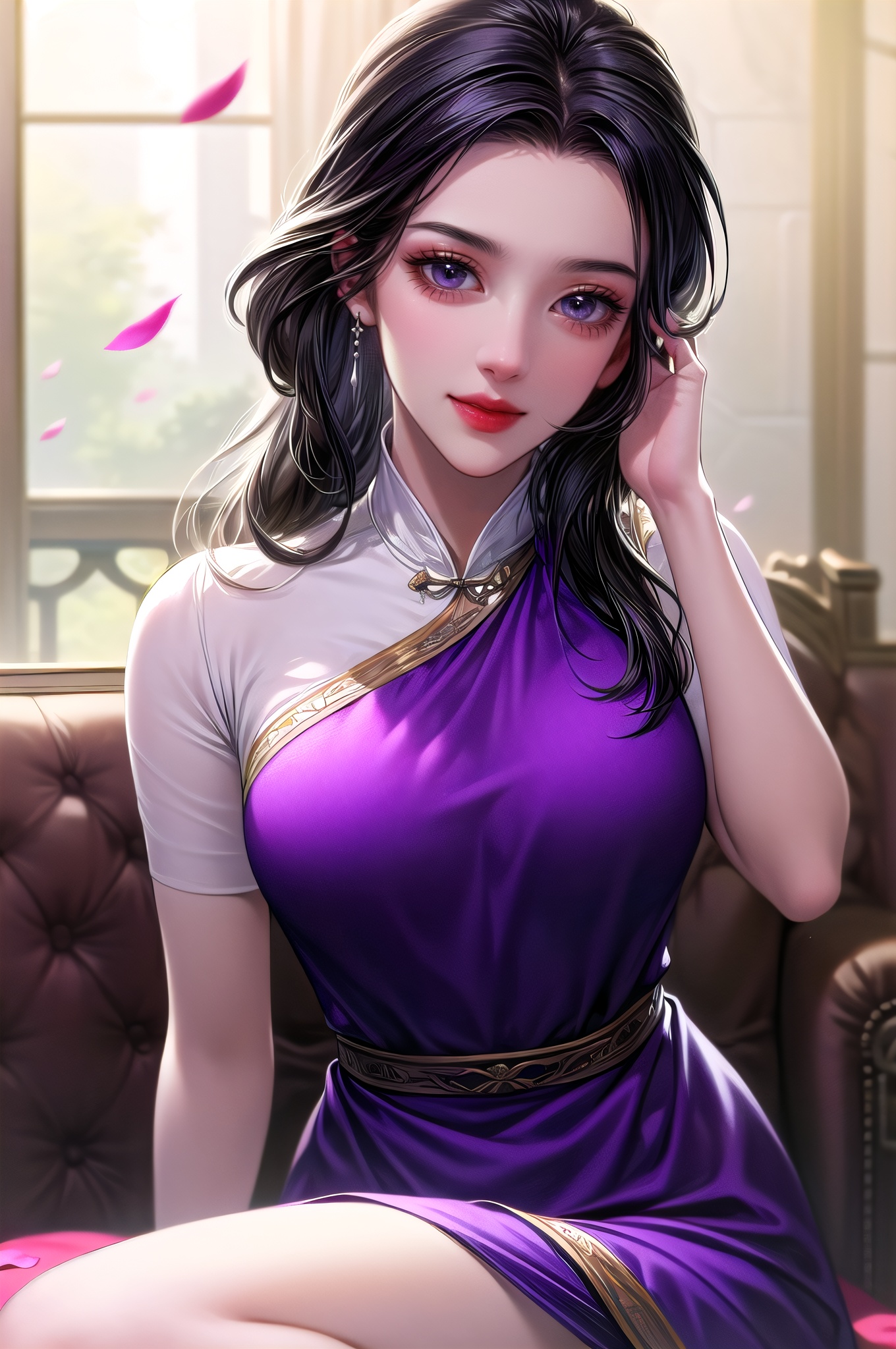 yuanshen, 1girl, solo, long hair, black hair, flower, smile, low-tied long hair, petals, looking at viewer, purple dress,(cowboy_shot,sitting:1.5),nice hands,Beautiful long legs, Beautiful body, Beautiful character design,perfect balance, looking at viewer, closed mouth,  (Light_Smile:0.3), official art, extremely detailed CG unity 8k wallpaper, perfect lighting, Colorful,  White skin, (masterpiece:1), (best_quality:1), ultra high res, 4K, ultra-detailed, photography, 8K, HDR, highres, absurdres:1.2, Kodak portra 400, film grain, blurry background, bokeh:1.2, lens flare, (vibrant_color:1.2), professional photograph, (beautiful_face:1.5), (narrow_waist), dark studio