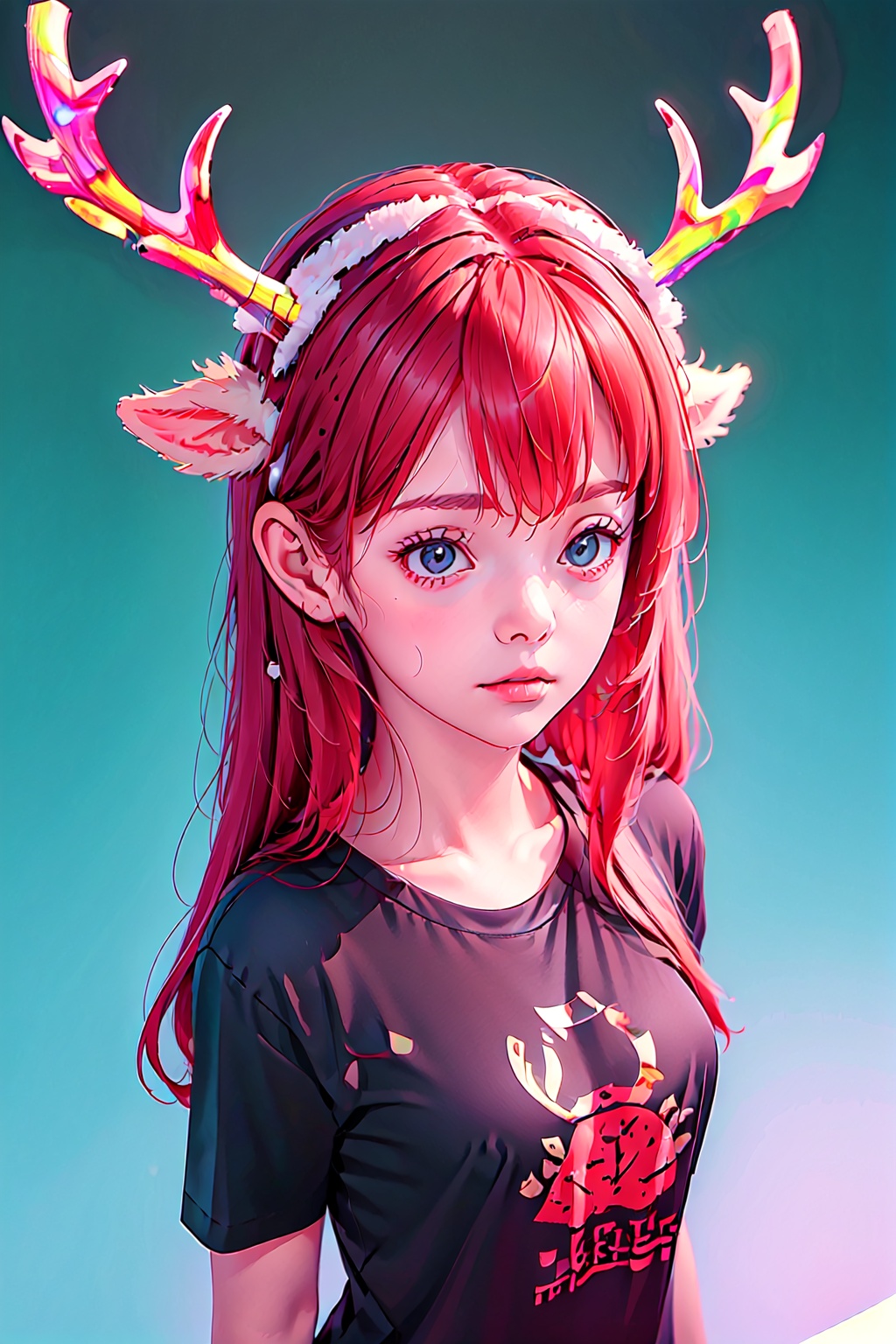  1girl,Christmas Headdress, antler Headdress, Antler Hair address, Antler Hair Address, Christmas Red Hair Address, Half, Long hair, Girl,simple_background,depth_of_field,depth_of_field background, fluorescent antlers,in the dark, fluorescent antlers