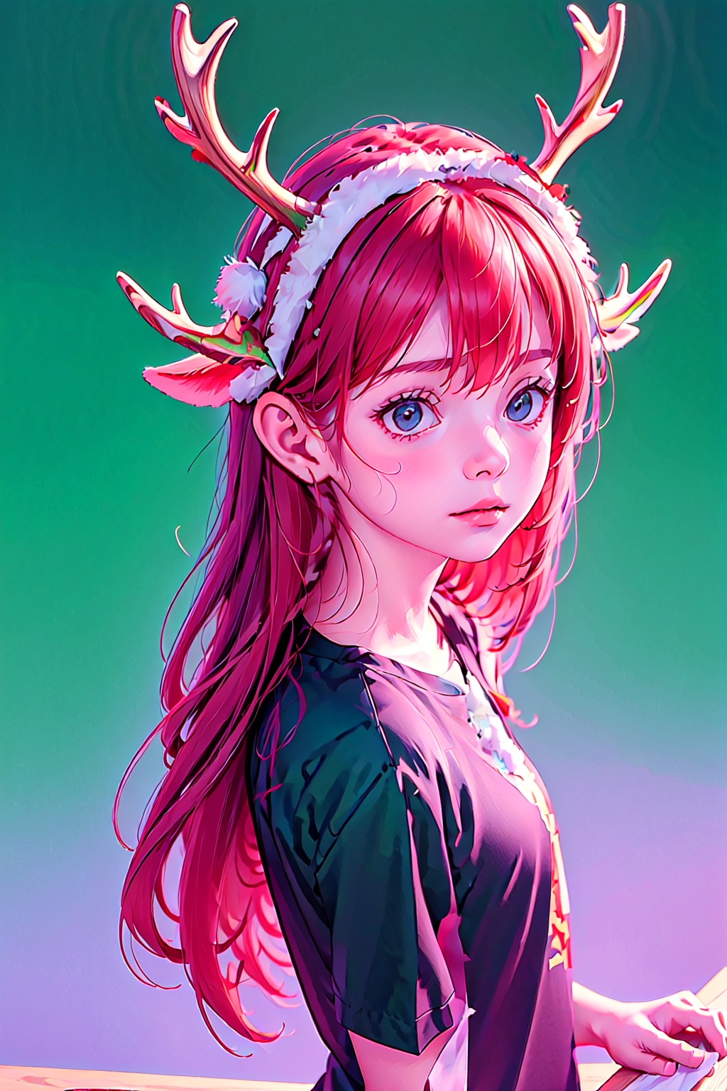  1girl,Christmas Headdress, antler Headdress, Antler Hair address, Antler Hair Address, Christmas Red Hair Address, Half, Long hair, Girl,simple_background,depth_of_field,depth_of_field background, fluorescent antlers,in the dark, fluorescent antlers