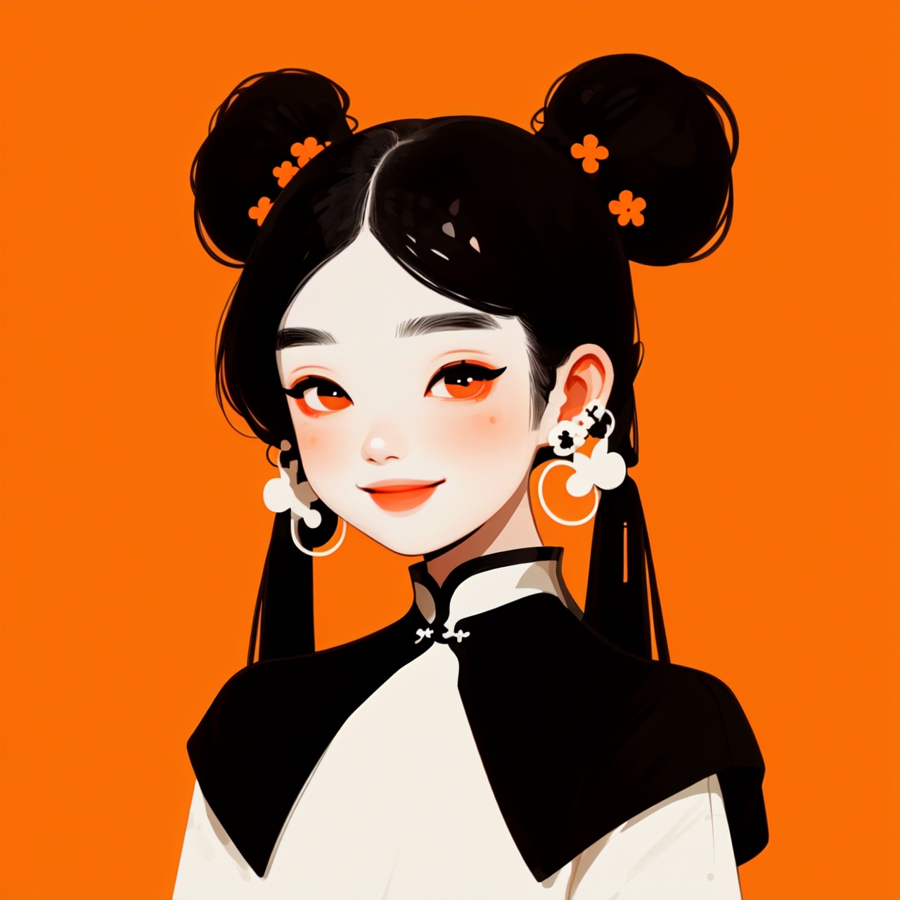 A super cool Chinese girl, with two pigtails black hair, playful smile, white skin, wearing earrings,wear stylish clothing, simplified and stylized, minimalist manga,orange background,the upper part of the body