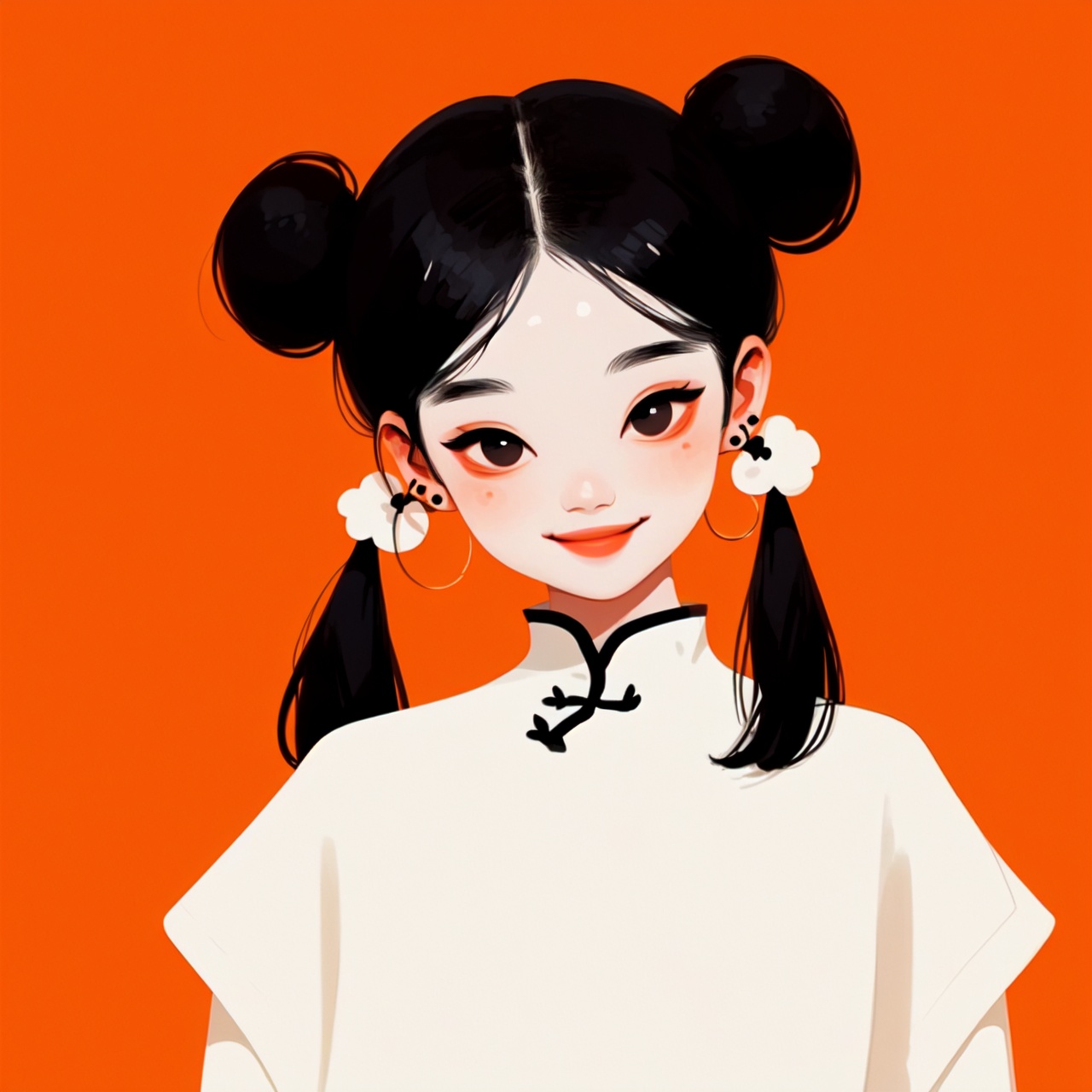 A super cool Chinese girl, with two pigtails black hair, playful smile, white skin, wearing earrings,wear stylish clothing, simplified and stylized, minimalist manga,orange background,the upper part of the body