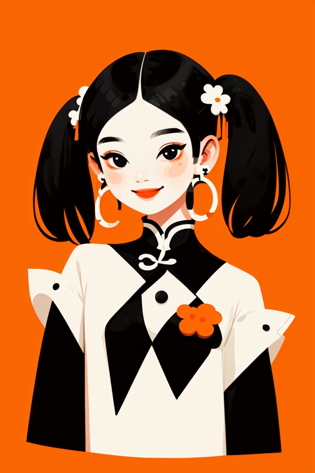  flat illustration of a Super cool chinese girl, with two pigtails black hair, playful smile, white skin, wearing earrings,wear stylish clothing, simplified and stylized, minimalist manga,orange background,the upper part of the body