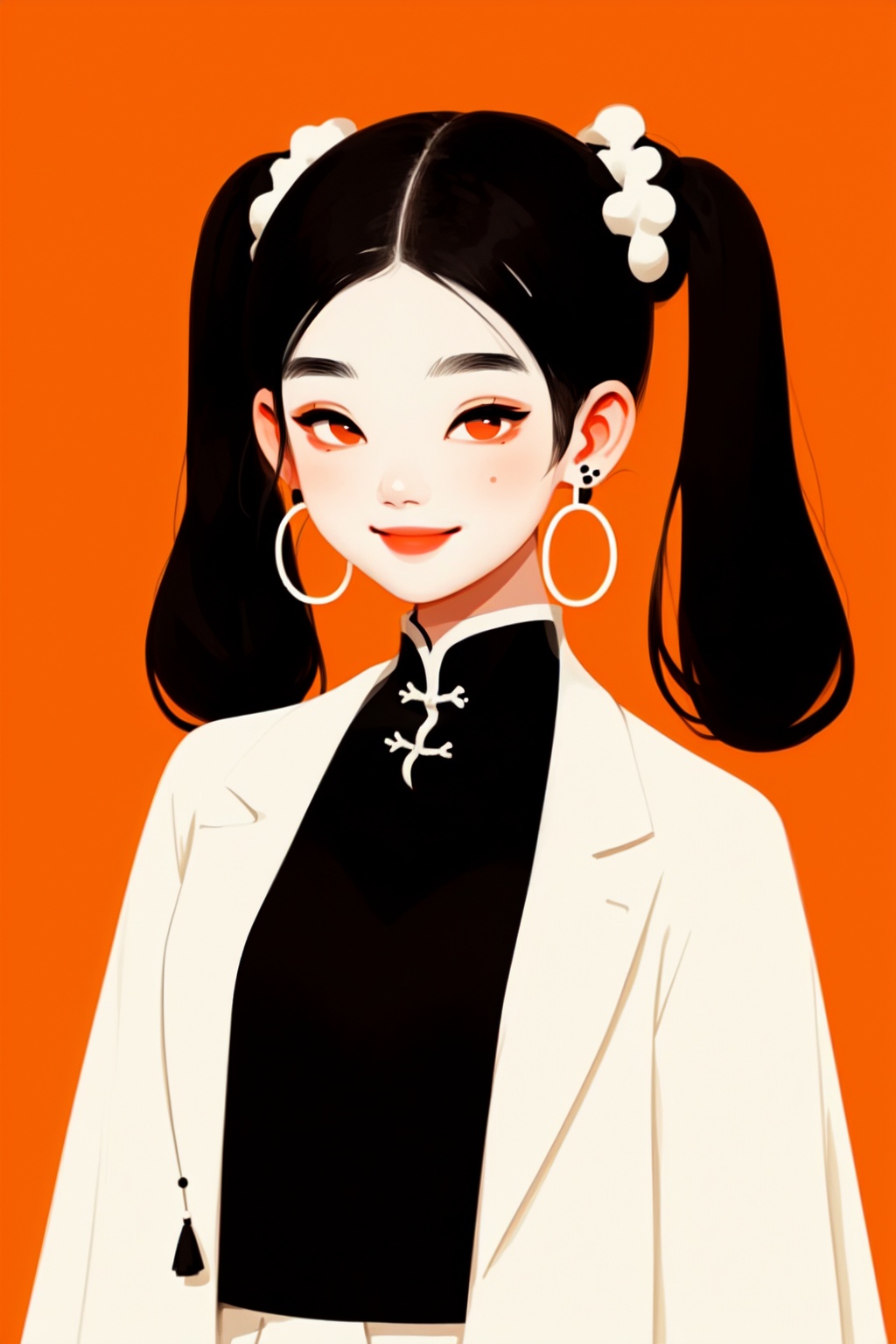 A super cool Chinese girl, with two pigtails black hair, playful smile, white skin, wearing earrings,wear stylish clothing, simplified and stylized, minimalist manga,orange background,the upper part of the body