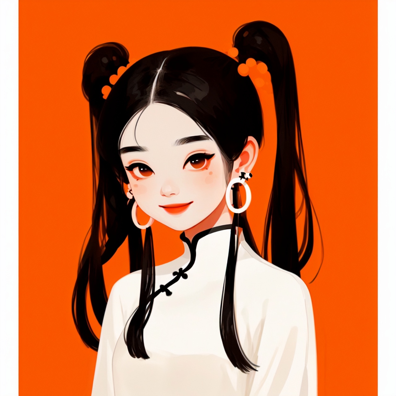 A super cool Chinese girl, with two pigtails black hair, playful smile, white skin, wearing earrings,wear stylish clothing, simplified and stylized, minimalist manga,orange background,the upper part of the body