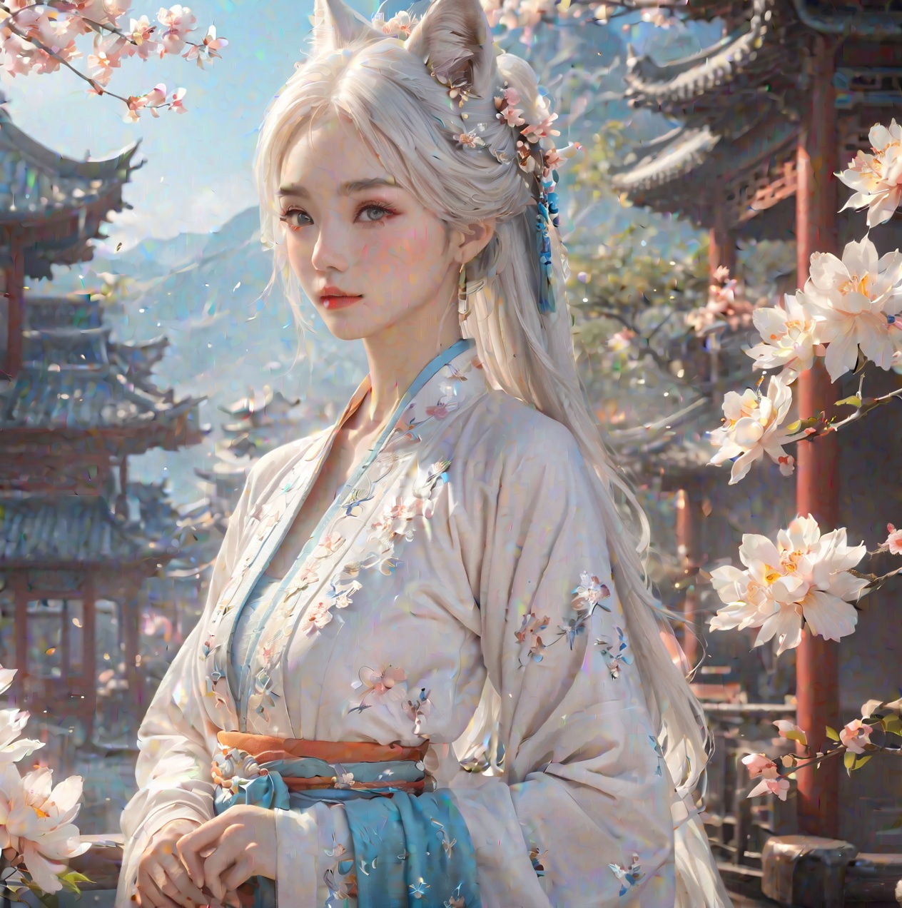 (masterpiece), (best quality), (absurdres),4girls beautiful detailed girl,white hair, fox girl, barefoot, extremely detailed CG unity 8k wallpaper,extremely detailed background, beautiful background, original illustration),(1girl, upper body),((harajuku fashion)),((flowers with human eyes, flower eyes)),double exposure,fusion，hanfuray tracing, reflection light, <lora:泛光:0.3> Freehand_Brushwork<lora:水墨Freehand_Brushwork:1>1girl,looking at viewer,cowboy shot,light rays,sunlight,chinese architecture,townlet,treemasterpiece,best quality,official art,extremely detailed CG unity 8k wallpaper,elegant posture, <lora:add-detail-xl:0.61> <lora:anime style-000006:0.41> <lora:20230919-1695115856496-0005:0.31> <lora:宋制汉服_v1.0:0.3>, masterpiece, best quality,