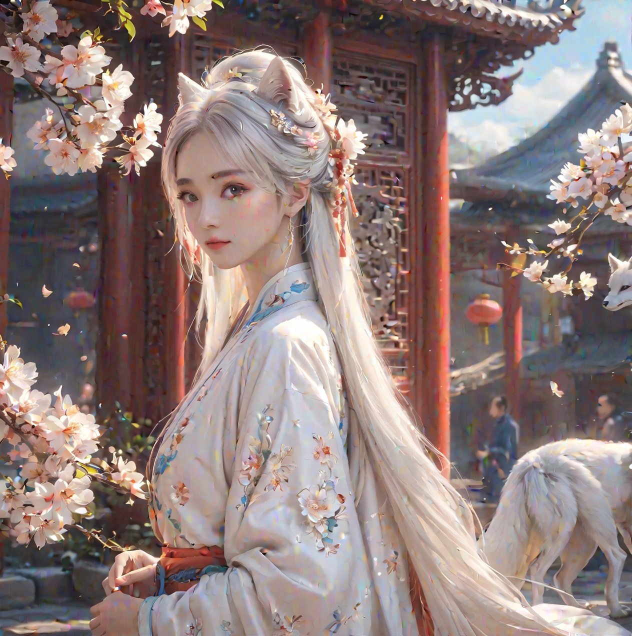 (masterpiece), (best quality), (absurdres),4girls beautiful detailed girl,white hair, fox girl, barefoot, extremely detailed CG unity 8k wallpaper,extremely detailed background, beautiful background, original illustration),(1girl, upper body),((harajuku fashion)),((flowers with human eyes, flower eyes)),double exposure,fusion，hanfuray tracing, reflection light, <lora:泛光:0.3> Freehand_Brushwork<lora:水墨Freehand_Brushwork:1>1girl,looking at viewer,cowboy shot,light rays,sunlight,chinese architecture,townlet,treemasterpiece,best quality,official art,extremely detailed CG unity 8k wallpaper,elegant posture, <lora:add-detail-xl:0.61> <lora:anime style-000006:0.41> <lora:20230919-1695115856496-0005:0.31> <lora:宋制汉服_v1.0:0.3>, masterpiece, best quality,