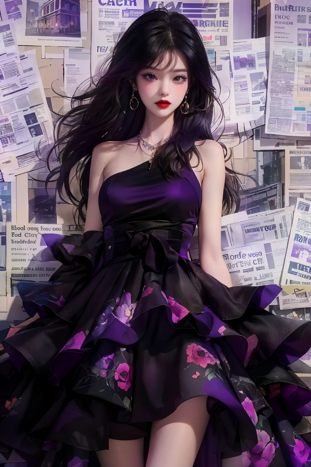  Best quality, 8k, cg,
a woman in a purple dress standing in front of a wall covered in newspapers and papers with a red lip, 1girl, black hair, building, city, cityscape, dress, earrings, floral print, jewelry, long hair, necklace, skyscraper, solo