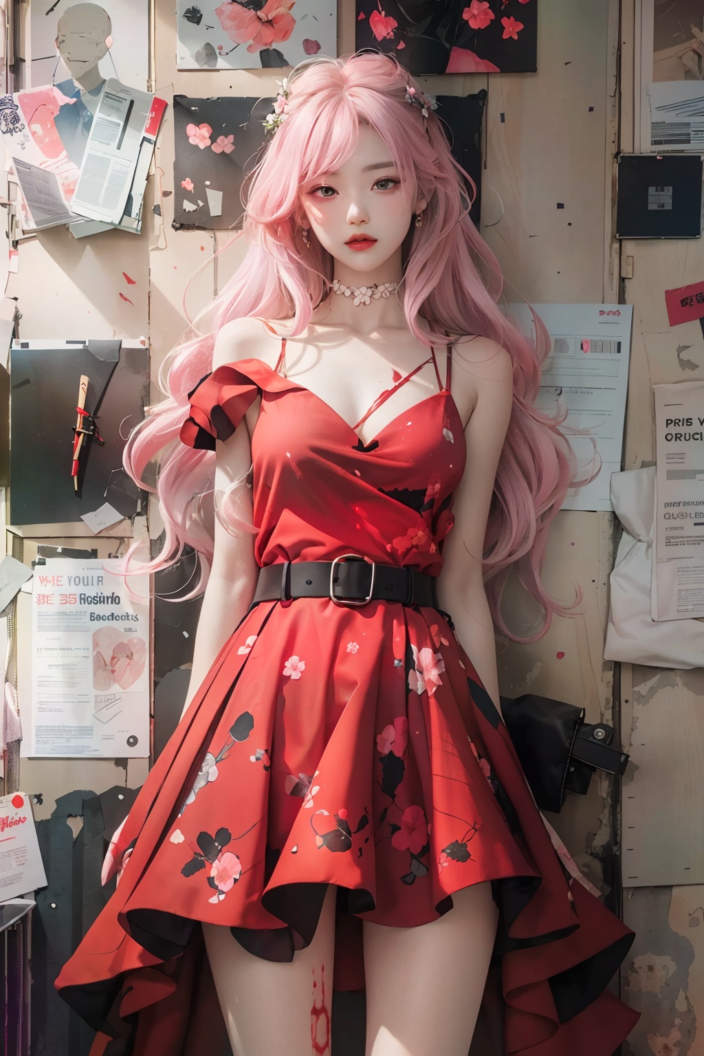 a mannequin dressed in a red dress with flowers on it's chest and a black belt, 1girl, blood, blood splatter, dress, long hair, pink hair, solo