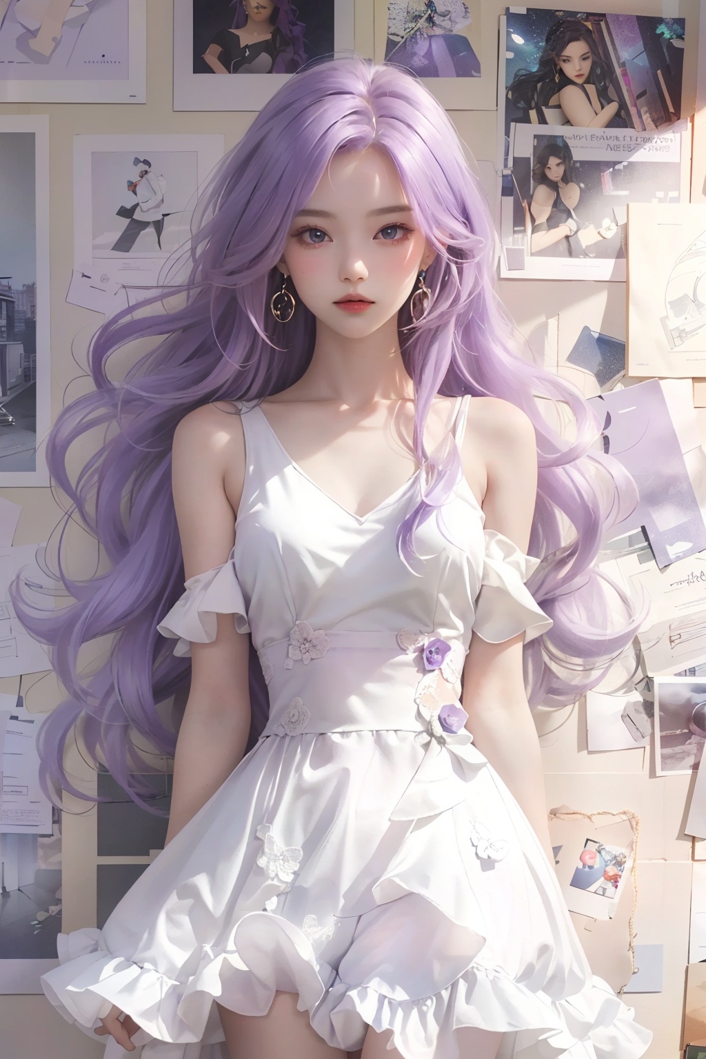 a doll with long purple hair and a white dress on display in a room with papers on the wall, 1girl, bookshelf, building, calendar \(object\), dress, earrings, jewelry, long hair, photo \(object\), poster \(object\), solo