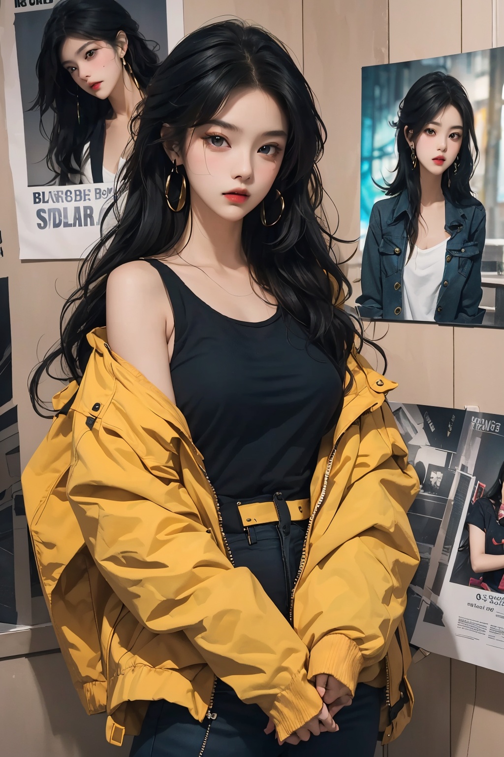  Best quality, 8k, cg,
1girl, black hair, earrings, long hair, photo \(object\), poster \(object\), solo, yellow jacket