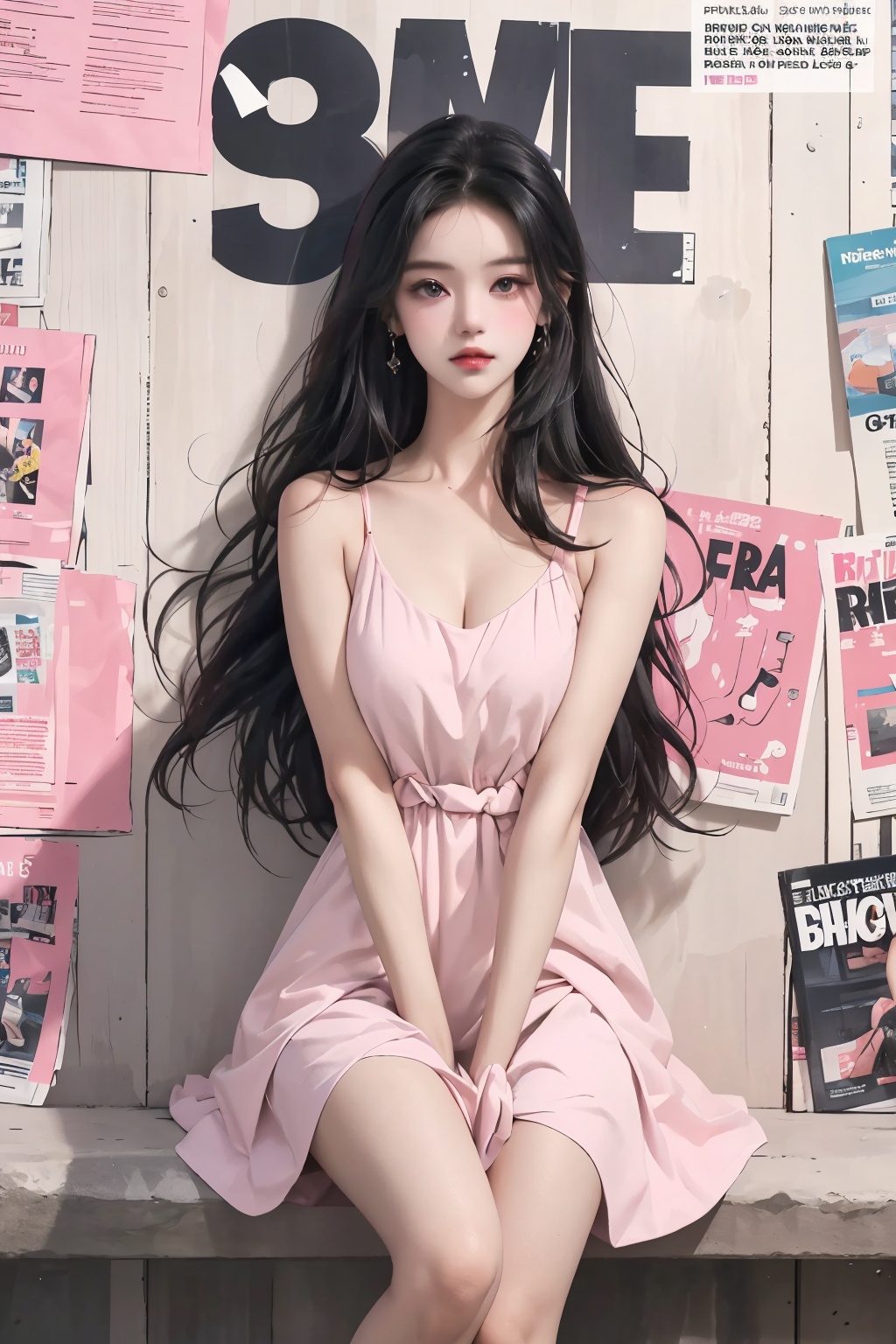  Best quality, 8k, cg,
a woman in a pink dress with a magazine on her skirt and a magazine on her knee, standing in front of a wall with pink and white collages, black hair, dress, long hair, pink dre