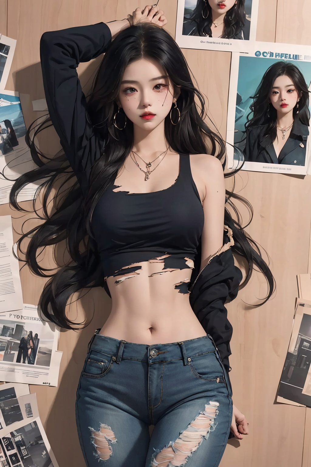  Best quality, 8k, cg,
black hair, jewelry, long hair, midriff, mole, necklace, pants, poster \(object\), torn clothes, torn pant