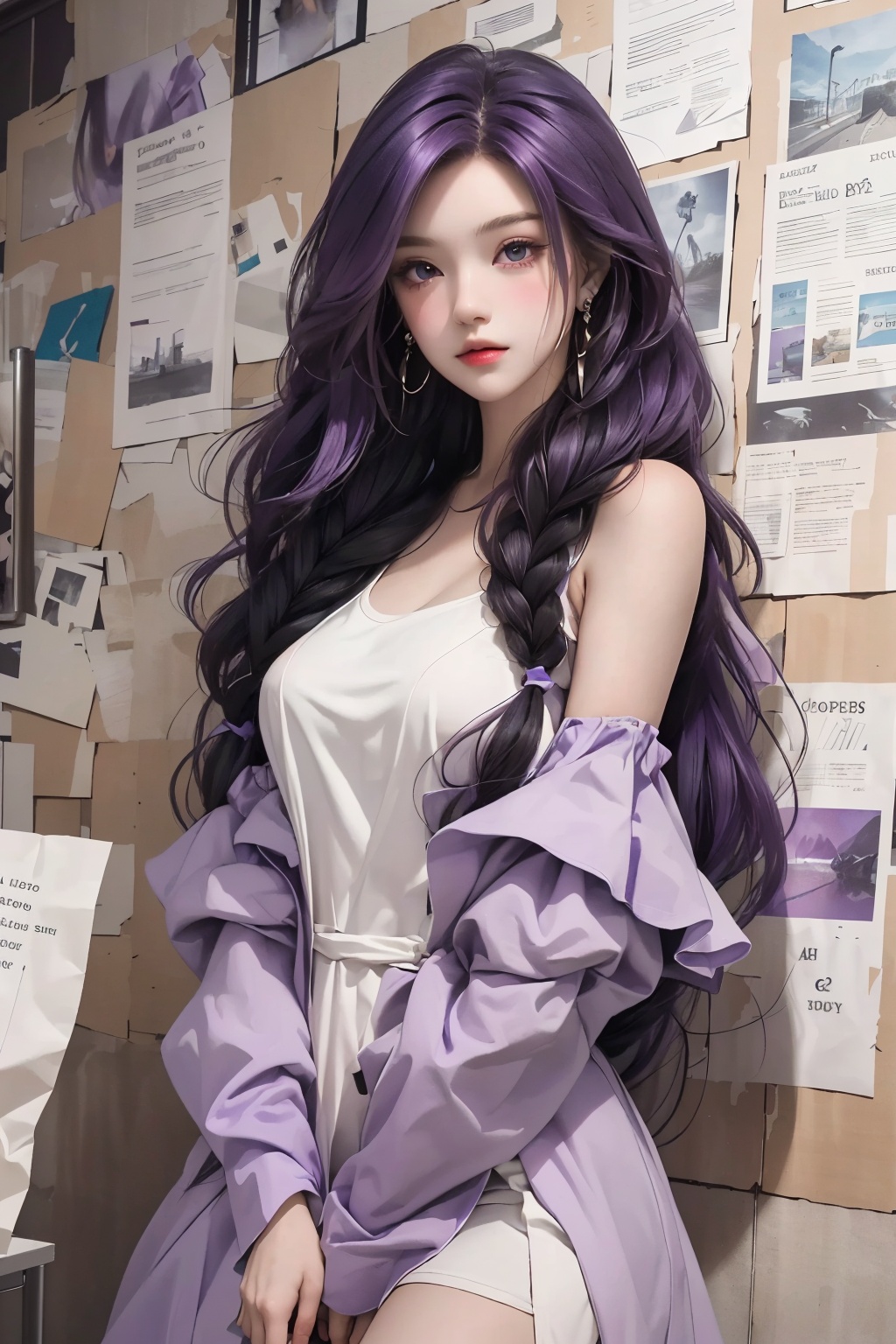  Best quality, 8k, cg,
a doll with long purple hair and a dress on display in front of a wall with papers on it, 1girl, dress, earrings, jewelry, long hair, white dre