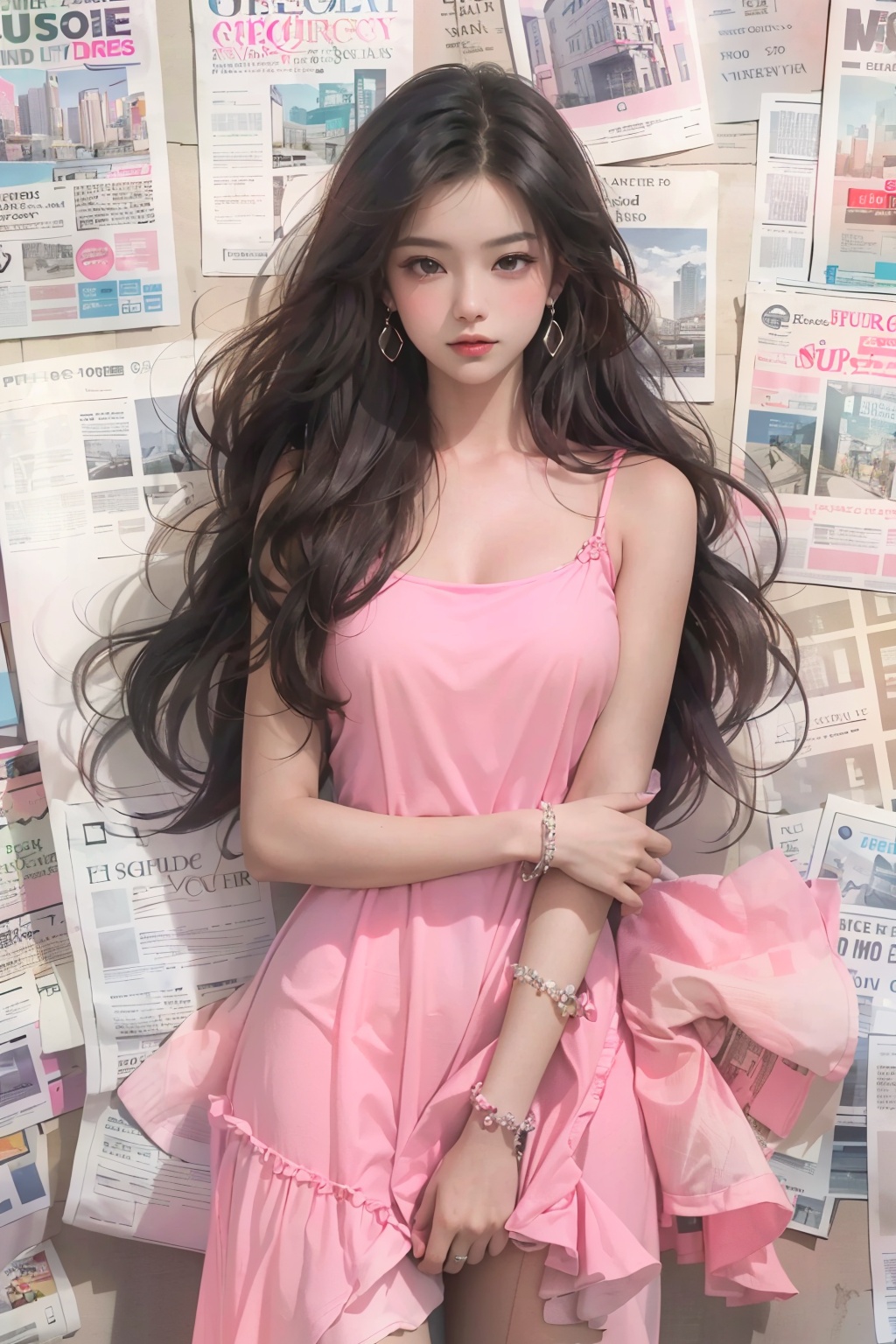 a woman in a pink dress posing for a picture in front of a wall with newspapers on it and a magazine, 1girl, black hair, building, city, cityscape, dress, earrings, jewelry, long hair, newspaper, pink dress, real world location, ring, skyline, skyscraper, solo, tokyo \(city\)