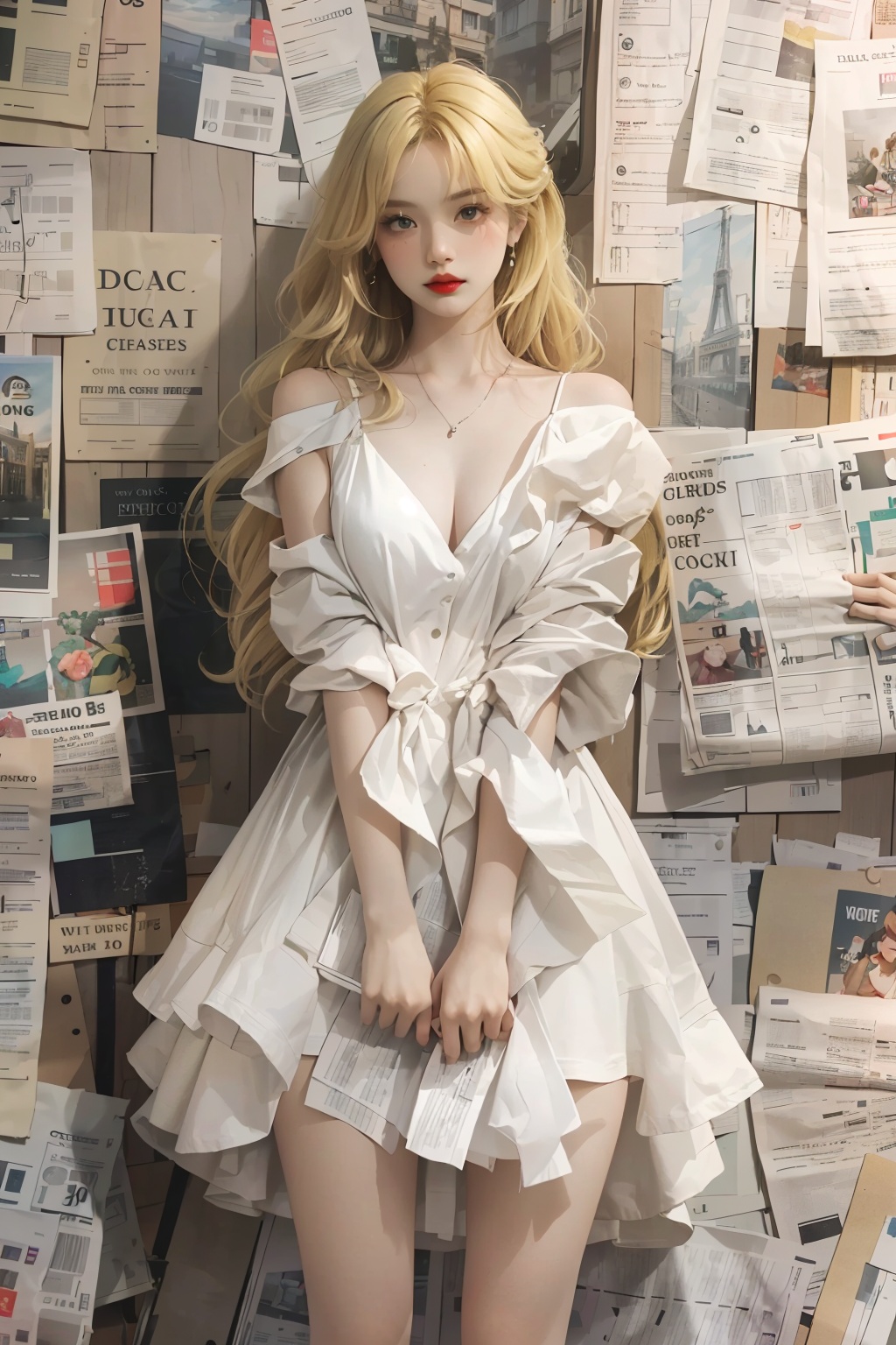 a painting of a woman in a white dress with a red lip and a red nose standing in front of a wall of papers, 1girl, blonde hair, building, city, dress, long hair, newspaper, paper, sheet music, solo, white dre