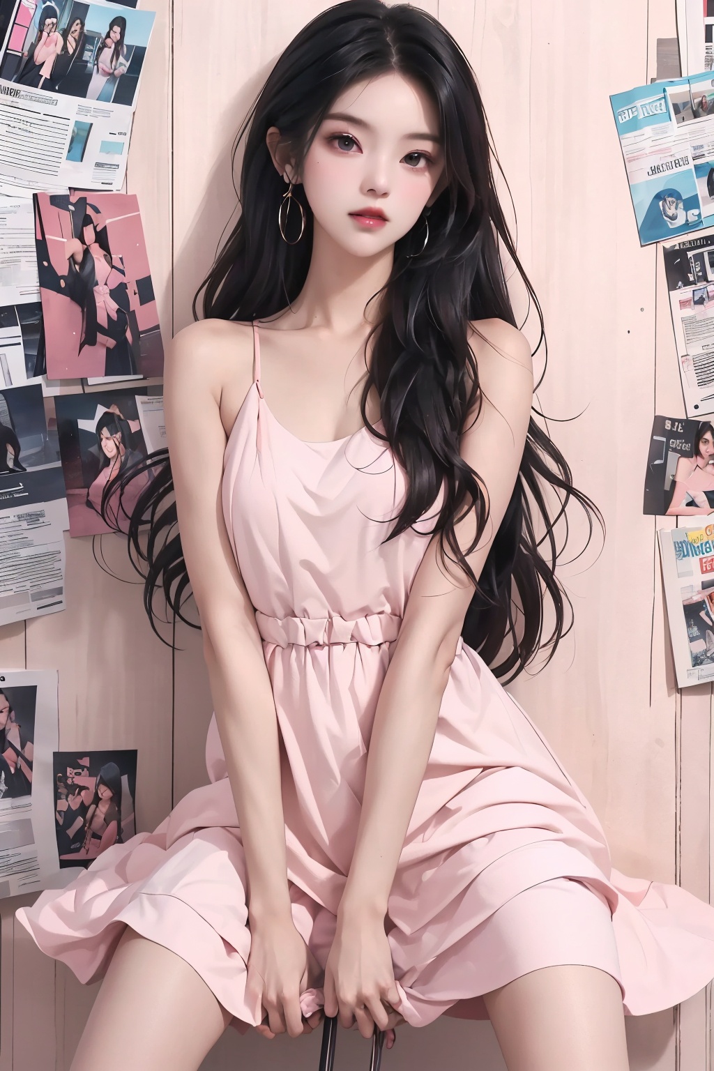  Best quality, 8k, cg,
a woman in a pink dress with a magazine on her skirt and a magazine on her knee, standing in front of a wall with pink and white collages, black hair, dress, long hair, pink dre