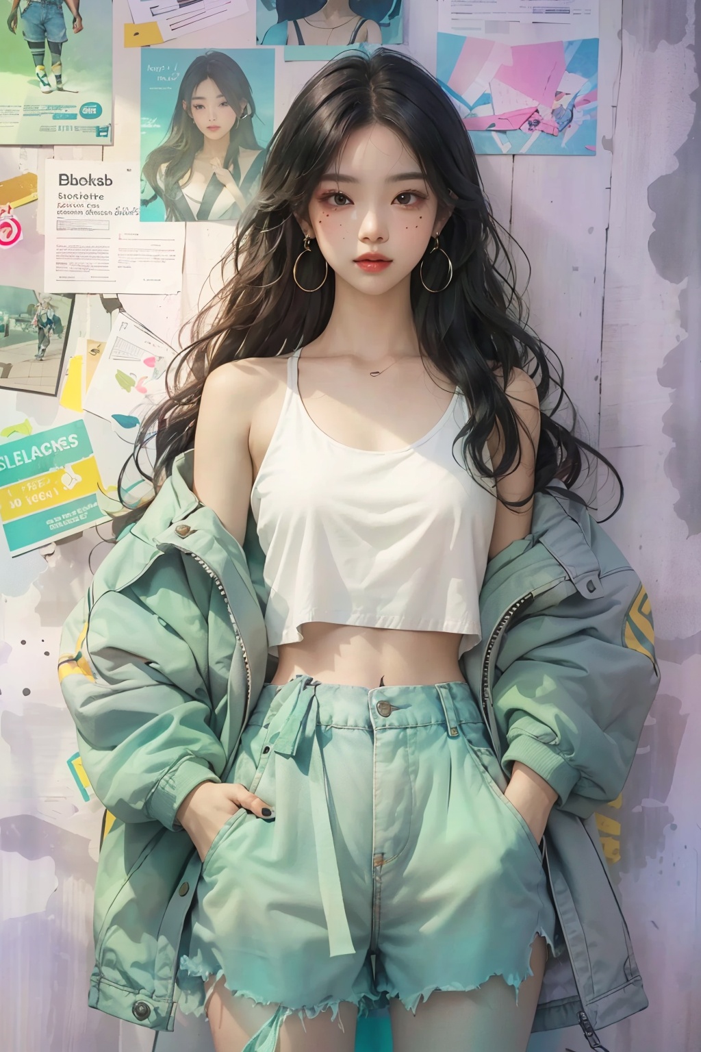 a woman with long hair wearing a crop top and shorts with a jacket on her shoulders and a pair of scissors in her hand, black hair, earrings, hands in pockets, jacket, long hair, mole