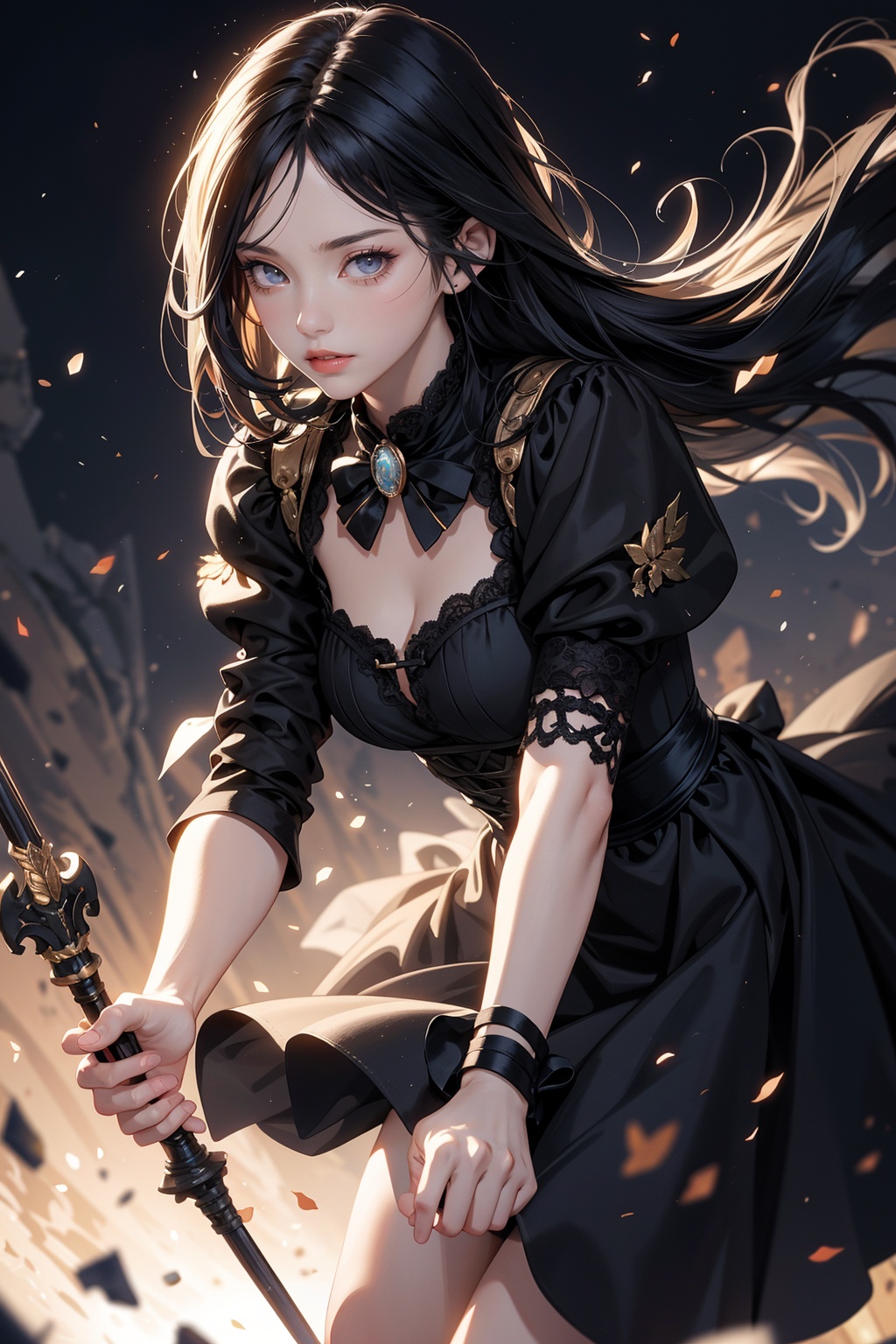 (Masterpiece,Best Quality), A realistic anime girl in a maid dress with coal-colored hair, striking a battle pose with a spear, inviting viewers to look closely at the high-resolution illustration, Fantasy, magical vibes, sci-fi mood, sparks, DoF, bokeh, sharp focus