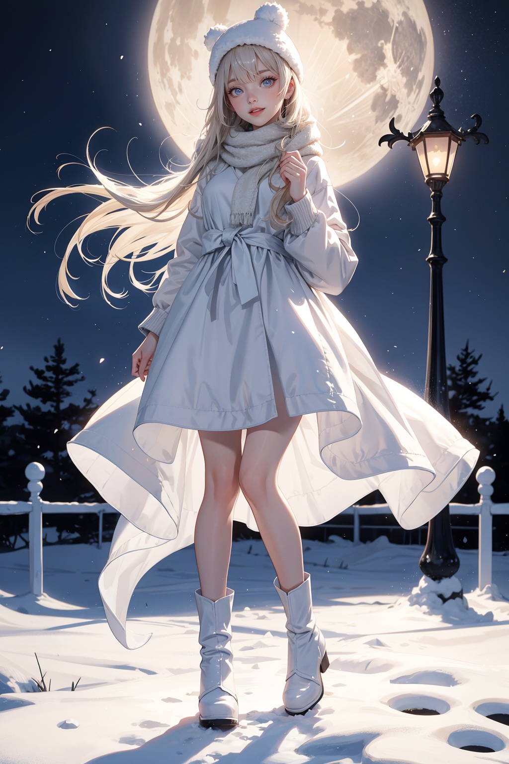  1girl,snowman,long hair,blonde hair,blue eyes,scarf,moon,outdoors,night,hat,solo,boots,white footwear,snow,full moon,bare tree,tree,winter,looking at viewer,blush,sky,from below,bangs,long sleeves,open mouth,pom pom (clothes),lamppost,very long hair,standing,dress,full body,hair between eyes,coat,white dress,snowing,white scarf,smile,winter clothes,night sky,white headwear,leg warmers,parted lips,