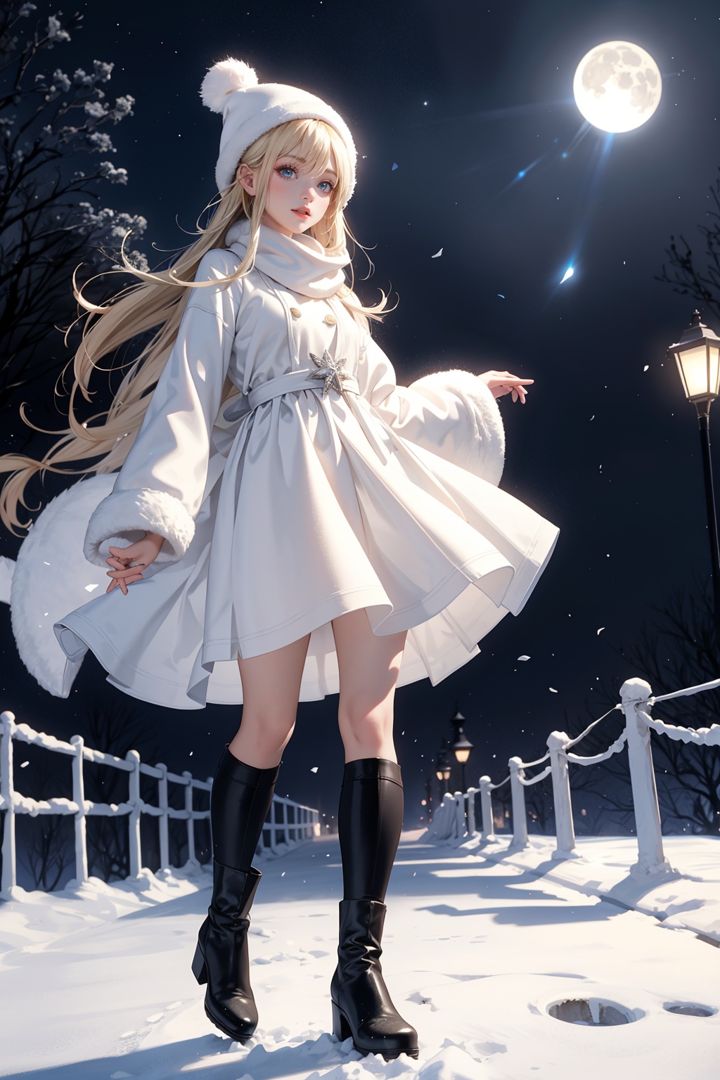  1girl,snowman,long hair,blonde hair,blue eyes,scarf,moon,outdoors,night,hat,solo,boots,white footwear,snow,full moon,bare tree,tree,winter,looking at viewer,blush,sky,from below,bangs,long sleeves,open mouth,pom pom (clothes),lamppost,very long hair,standing,dress,full body,hair between eyes,coat,white dress,snowing,white scarf,smile,winter clothes,night sky,white headwear,leg warmers,parted lips,