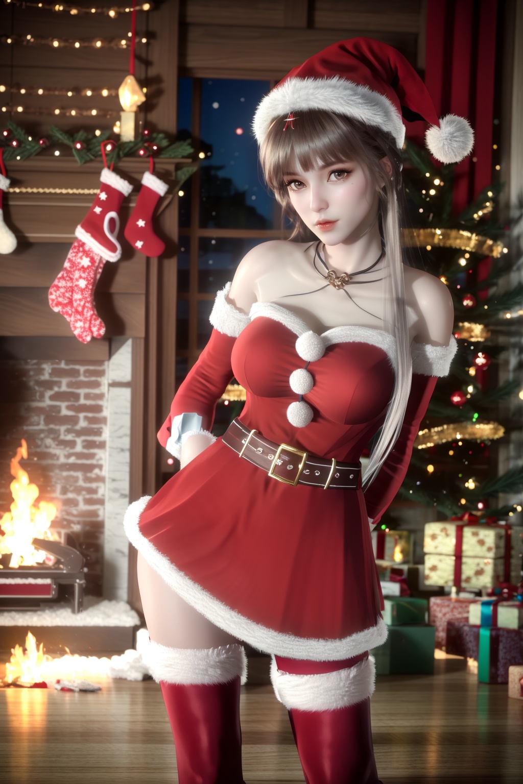 (8k, RAW photo, best quality, masterpiece:1.2),hatching (texture),skin gloss,light persona,
(high detailed skin),glossy skin,looking at viewer,pov,
1girl,solo,teddy bear,stuffed animal,gift,stuffed toy,christmas tree,christmas,box,window,gift box,fireplace,hat,santa hat,long hair,panties,indoors,candle,fire,(arms behind back:1.2),
very long hair,bare shoulders,belt,christmas,red dress,fingerless gloves,santa costume,striped thighhighs,