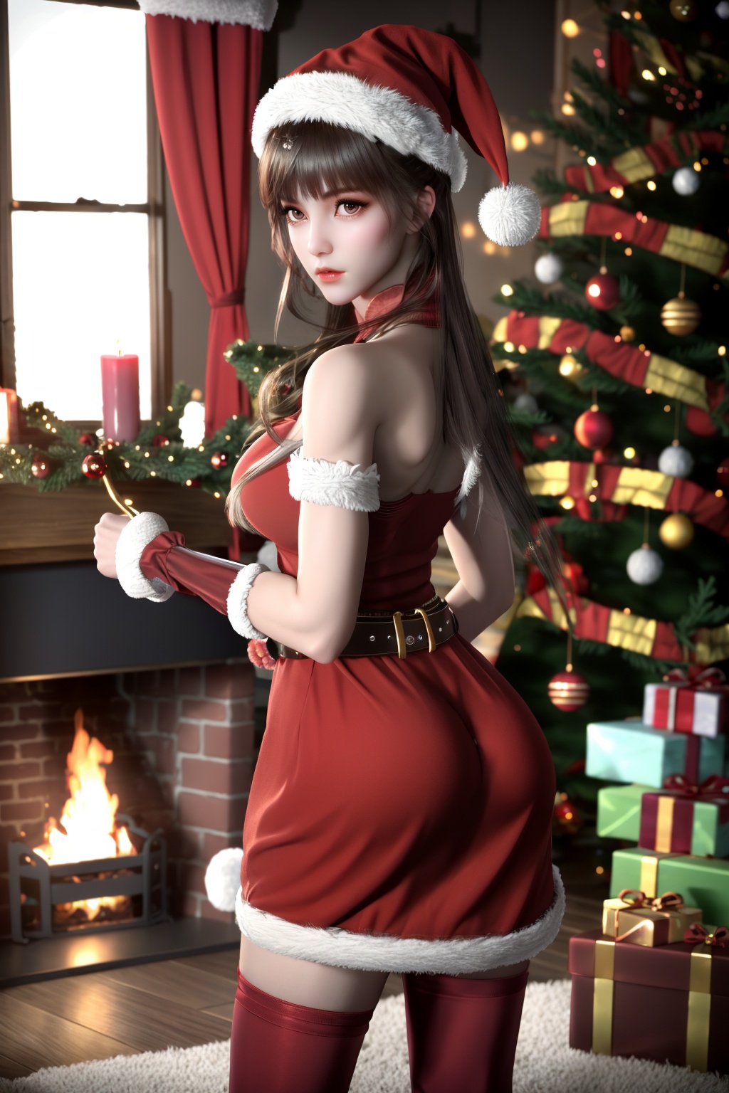 (8k, RAW photo, best quality, masterpiece:1.2),hatching (texture),skin gloss,light persona,(high detailed skin),glossy skin,1girl,solo,teddy bear,stuffed animal,gift,stuffed toy,christmas tree,christmas,box,window,gift box,fireplace,hat,santa hat,long hair,panties,indoors,candle,fire,(arms behind back:1.2),looking at viewer,very long hair,bare shoulders,belt,christmas,red dress,fingerless gloves,santa costume,striped thighhighs,<lora:1127圣诞:0.3>,<lora:1216sdyf:0.6>,<lora:1111白皙质感:0.3>,xwhd,<lora:1030xw:0.8>,