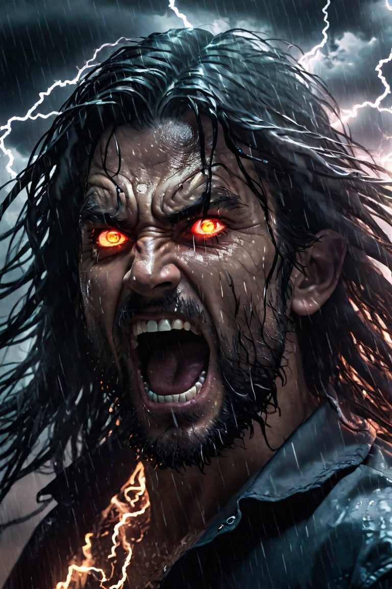1 man, close-up, screaming, glowing smoke eyes, in the middle of a storm, long hair whipping around, rain and lighting, 4K, Niji style,<lora:659095807385103906:1.0>