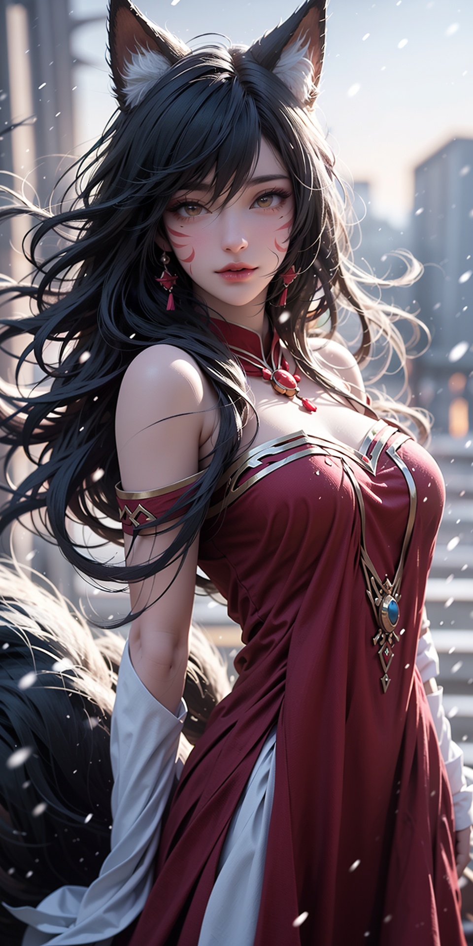Ahri,1girl,solo,animal ears,long hair,breasts,fox ears,ahri \(league of legends\),black hair,(facial mark:1.5),looking at viewer,fox tail,tail,bare shoulders,red dress,jewelry,yellow eyes,dress,whisker markings,snowing,bangs,lips,blurry,hair between eyes,blurry background,multiple tails,
(raw photo:1.2),((photorealistic:1.4))best quality,masterpiece,illustration,an extremely delicate and beautiful,extremely detailed,CG,unity,8k wallpaper,Amazing,finely detail,masterpiece,best quality,official art,extremely detailed CG unity 8k wallpaper,absurdres,incredibly absurdres,huge filesize,ultra-detailed,highres,extremely detailed,beautiful detailed girl,cinematic lighting,1girl,pale skin,tall female,(perfect body shape),skinny body,Slender legs, Ahri