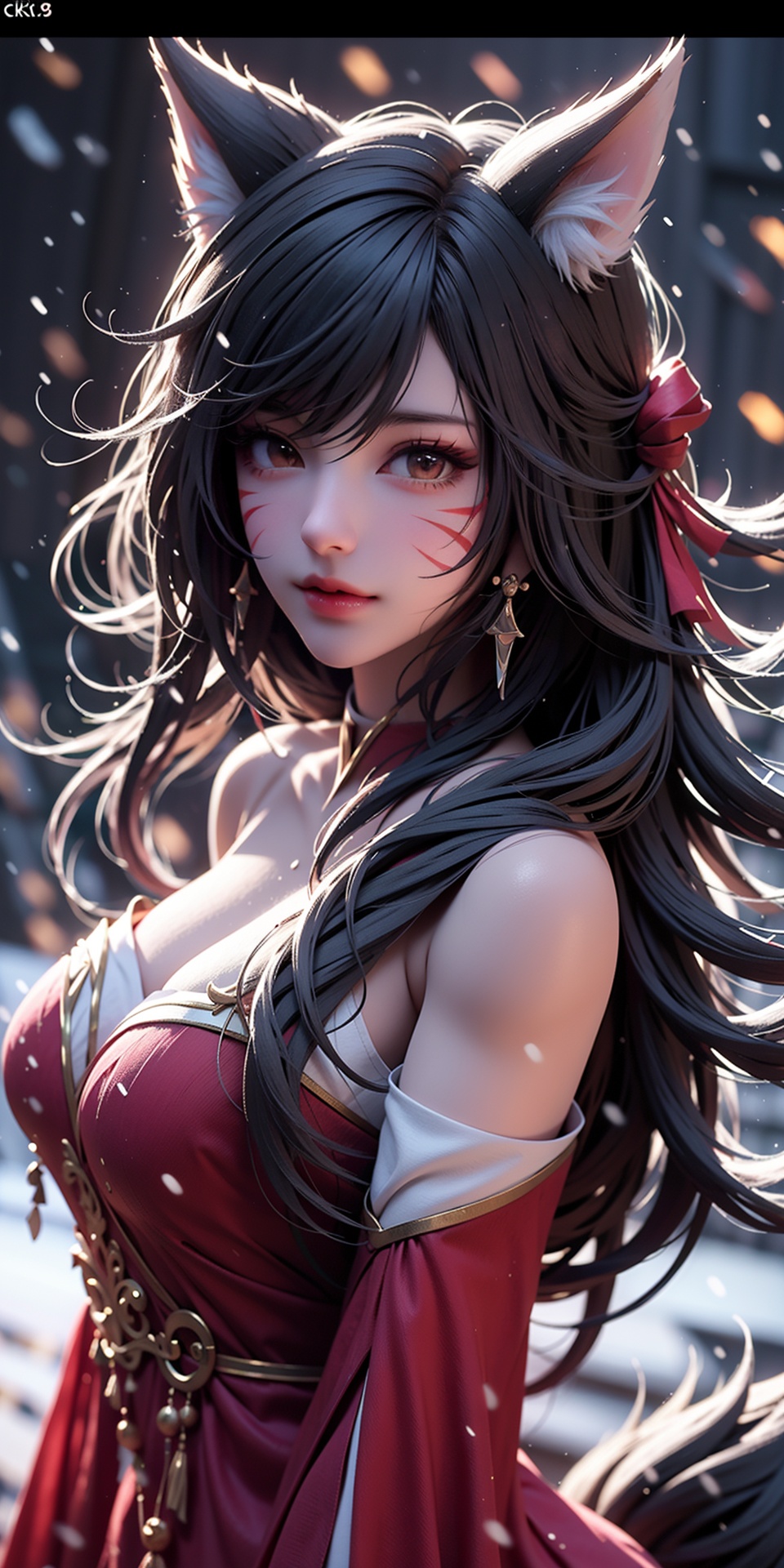 Ahri,1girl,solo,animal ears,long hair,breasts,fox ears,ahri \(league of legends\),black hair,(facial mark:1.5),looking at viewer,fox tail,tail,bare shoulders,red dress,jewelry,yellow eyes,dress,whisker markings,snowing,bangs,lips,blurry,hair between eyes,blurry background,multiple tails,
(raw photo:1.2),((photorealistic:1.4))best quality,masterpiece,illustration,an extremely delicate and beautiful,extremely detailed,CG,unity,8k wallpaper,Amazing,finely detail,masterpiece,best quality,official art,extremely detailed CG unity 8k wallpaper,absurdres,incredibly absurdres,huge filesize,ultra-detailed,highres,extremely detailed,beautiful detailed girl,cinematic lighting,1girl,pale skin,tall female,(perfect body shape),skinny body,Slender legs, Ahri
